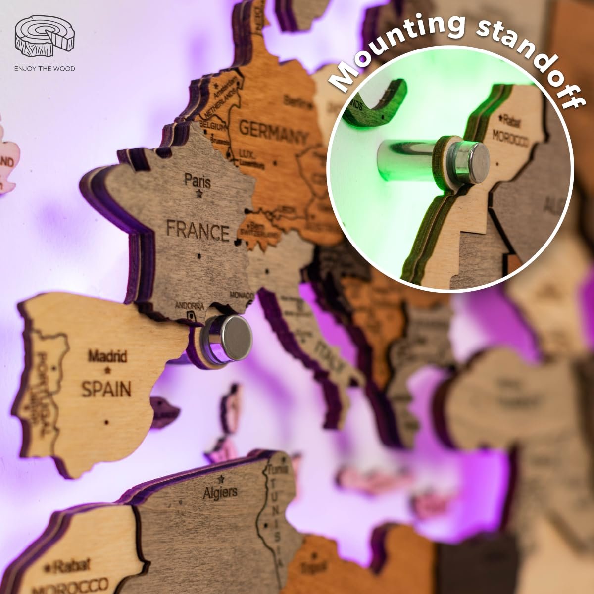 Enjoy The Wood 3D LED 3.0 Wood World Map Wall Art Modern Home Decor Gifts LED Lighting Wall Decor Housewarming Gift Idea Travel Wooden Maps Pinboard with Backlighting (Wall Art) - Image 6