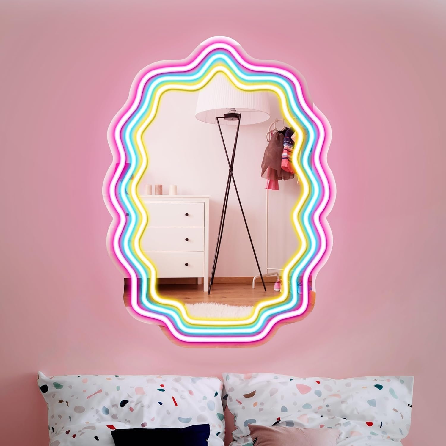 Kavaas Wavy Neon Mirror 16.9" x 12.7", LED Wave Mirror with Lights for Bedroom, Girls Room - Best Gifts for Teen Girls, Birthday, Christmas - Image 2
