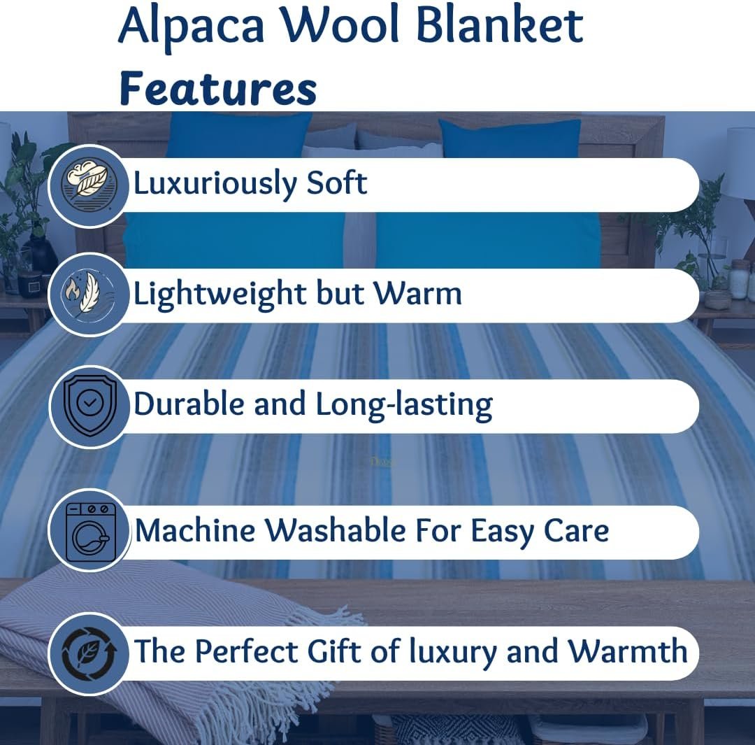 DAVLINA, Alpaca Wool Throw Blanket | Super Soft, Lightweight, Breathable and Hypoallergenic | Non-Itchy or Scratchy (Blue White Varicolored, Striped) - Image 8