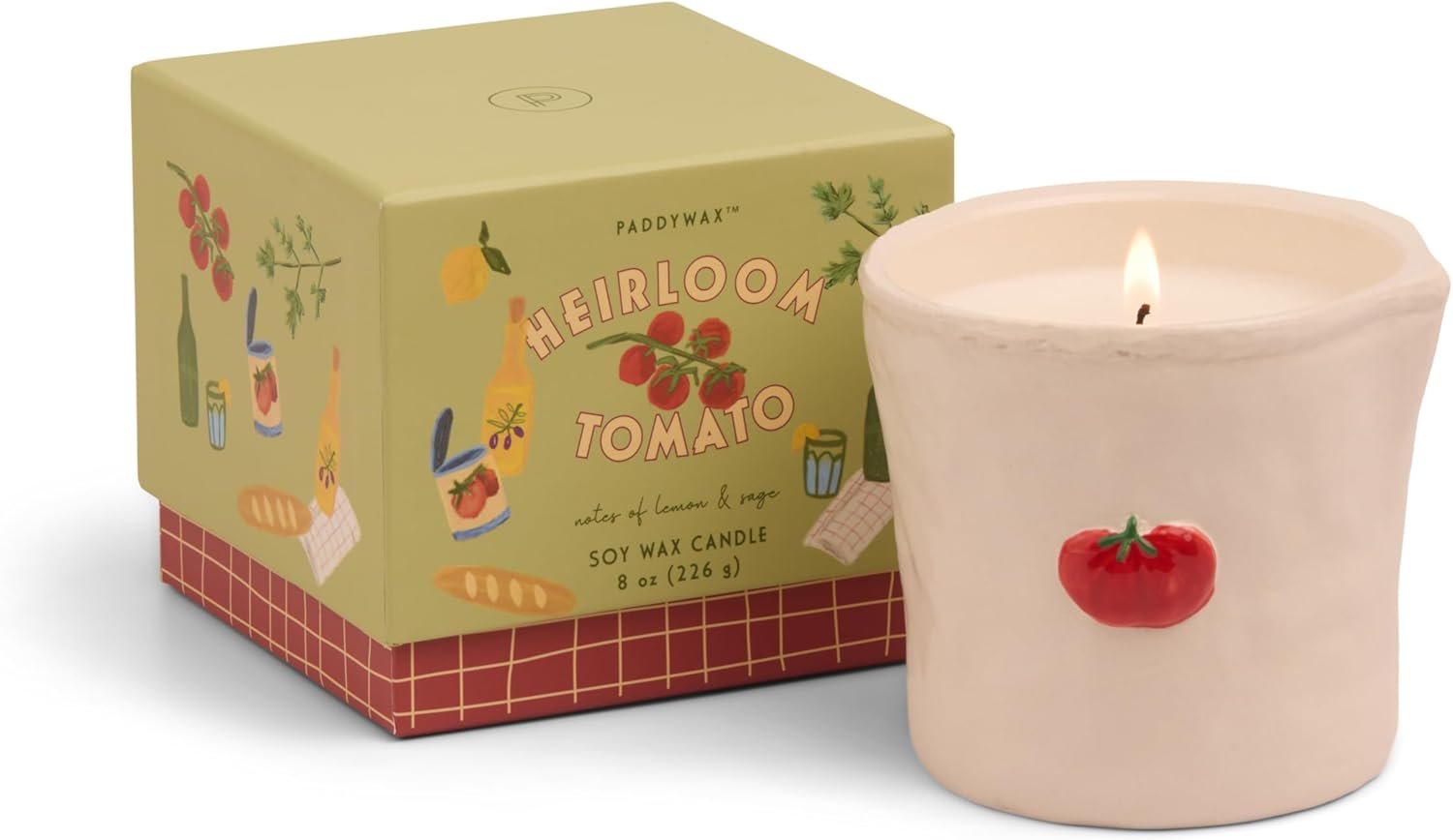 Paddywax Bistro Hand Painted Scented Candle in Ceramic Reusable Food-Safe Jar with Gift Box, Soy Candle with Approx. 56 Hour Burn Time, Heirloom Tomato, 8 oz