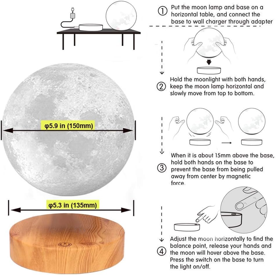 Levitating Moon Lamp,Floating and Spinning in Air Freely with 3D Printing LED Moon Lamp Has 20 Modes for Unique Gifts,Room Decor,Night Light,Office Desk Toys (Wooden Base 16 Colors) - Image 6