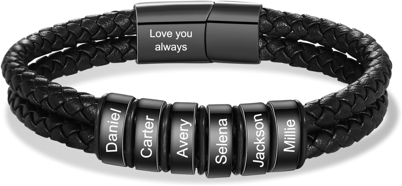 Personalized Leather Name Bracelet for Men – Custom Braided Mens Bracelet with 2-6 Engraved Beads, Unique Fathers Day Gift for Dad, Husband, Son, Grandpa