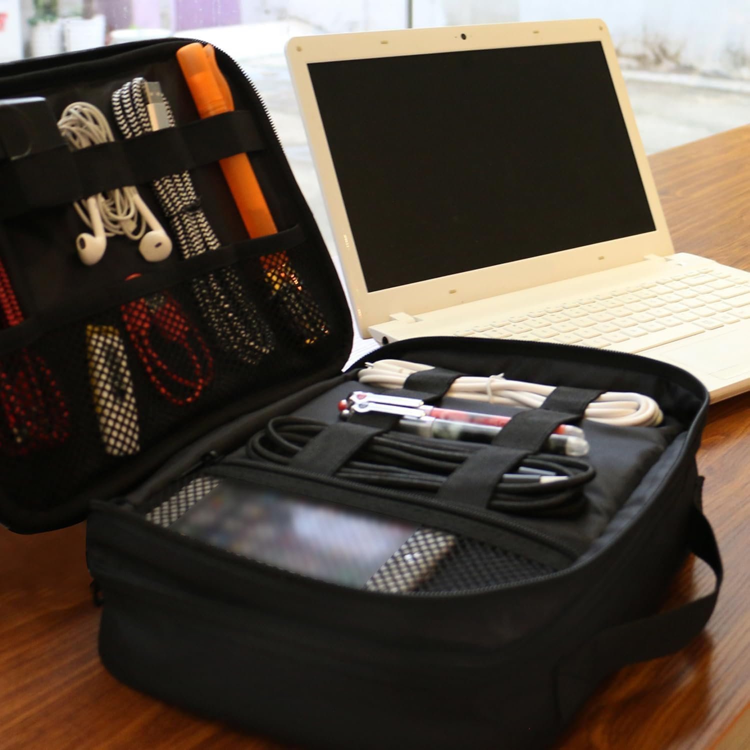 MATEIN Electronics Travel Organizer, Water Resistant Cable Organizer Bag with Handle, Portable Electronic Accessories Case for Men Double Layer Cable Storage Bag for Cord, Charger, iPad mini, Black - Image 7