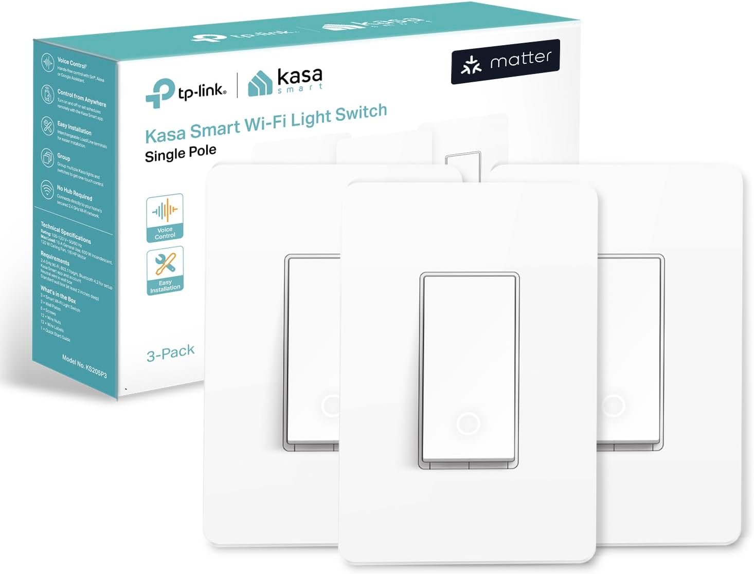 Kasa Matter Smart Wi-Fi Light Switch by TP-Link (KS205P3) - Neutral Wire and 2.4GHz Wi-Fi Connection Required, Works with Apple Home, Alexa & Google Home, No Hub Required, 3-Pack, White