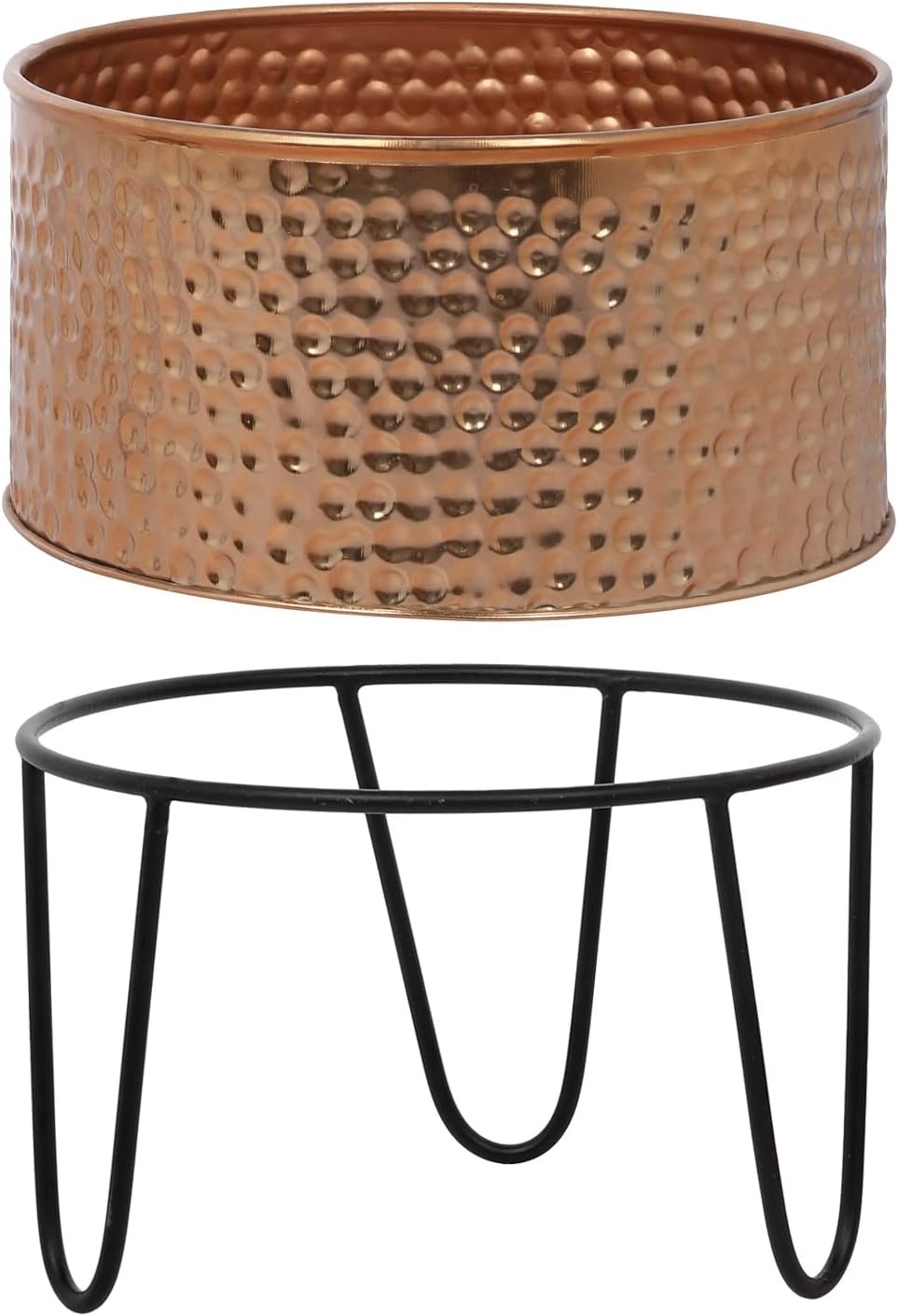 MyGift Modern Hammered Copper Tone Planter Pot, 8 and 10 Inch Metal Round Plant Container with Matte Black Wire Stand, Set of 2 - Handcrafted in India - Image 2