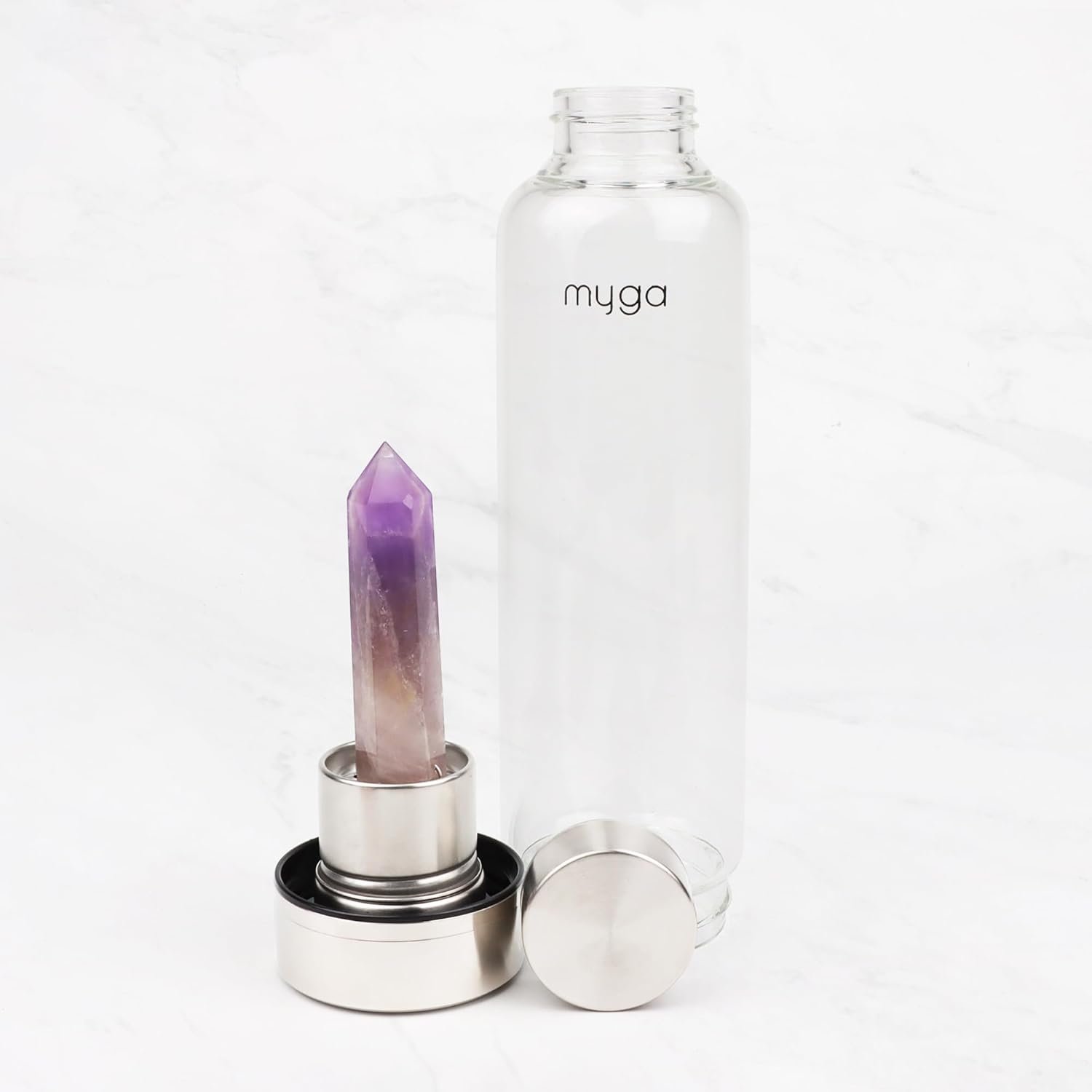 Myga Amethyst Crystal Water Bottle,16.9OZ 500ml Glass Drinks Bottle with Natural Healing Crystal and Neoprene Sleeve for Wellness and Self-Care for Gemstone - Image 5