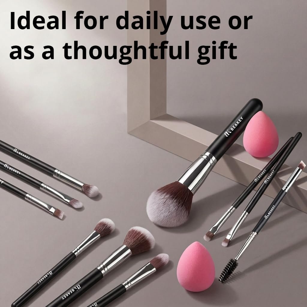 BEAKEY Makeup Brushes Set, Professional Foundation Eyeshadow Concealer Blush Powder Bronzer Applicator, 2 Blender Sponge with Beauty Paper Case - Image 8