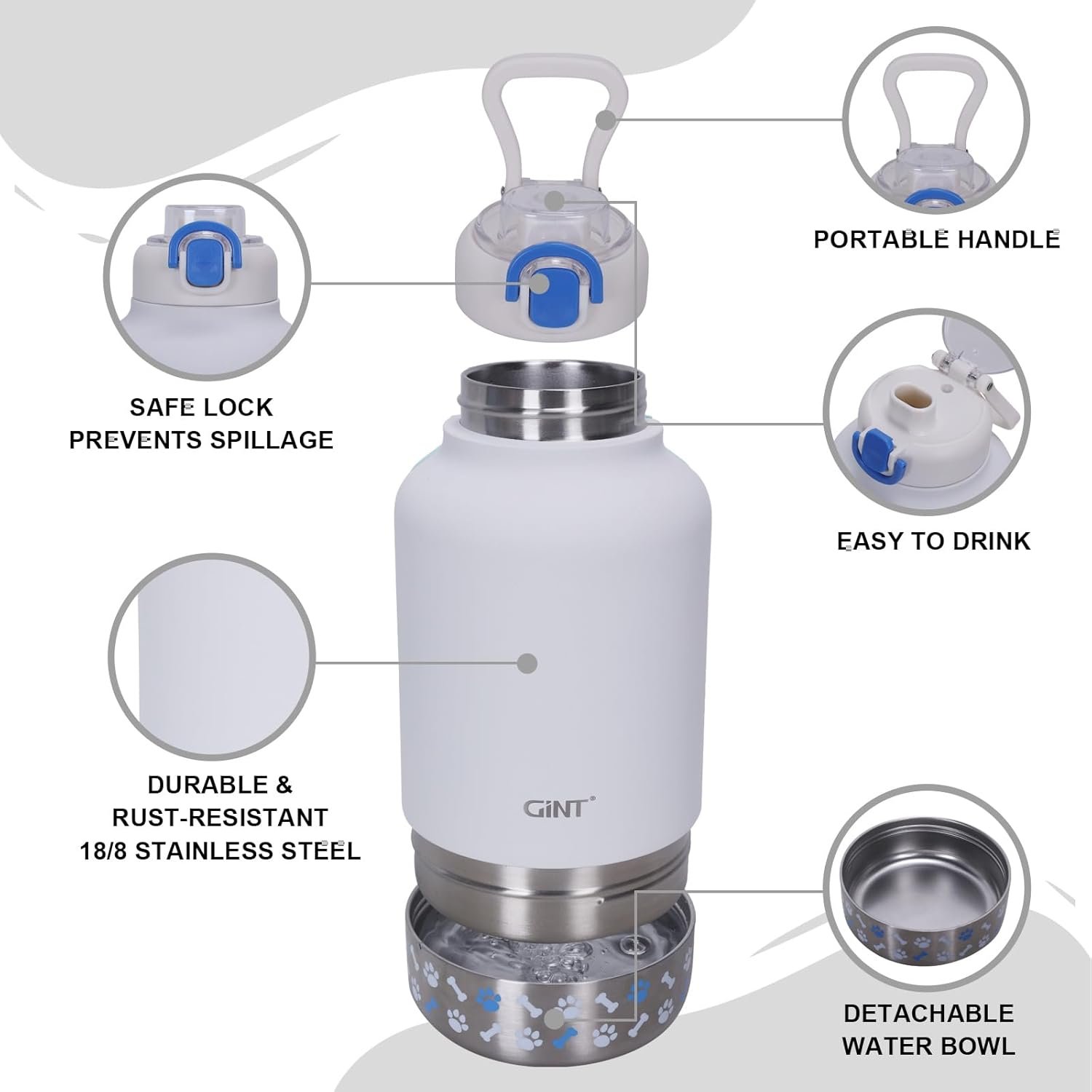 GiNT 37oz Insulated Stainless Steel Dog & Human Water Bottle, All-in-1 Travel Dispenser with Detachable Bowls & Carrying Case, Leak-Proof Pet Canteen for Walking, Hiking, Camping, Car (White) - Image 2