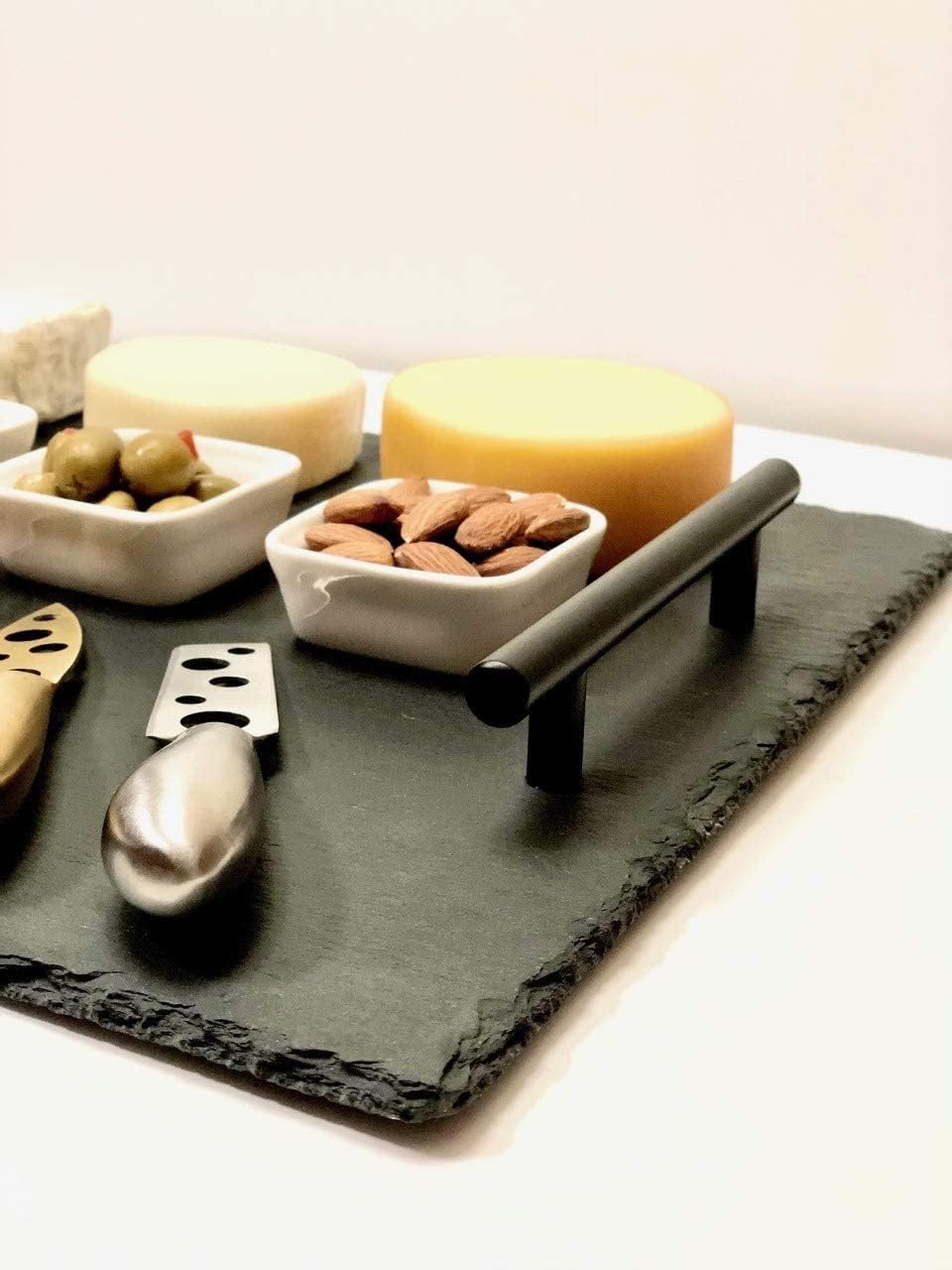 Natural Slate Cheese Board and Knife Set | Charcuterie Board Cheese Knives and Spreader set 14 Pieces 16" x 12" Serving Tray with Black Handle Ceramic Bowls Soapstone - Image 4