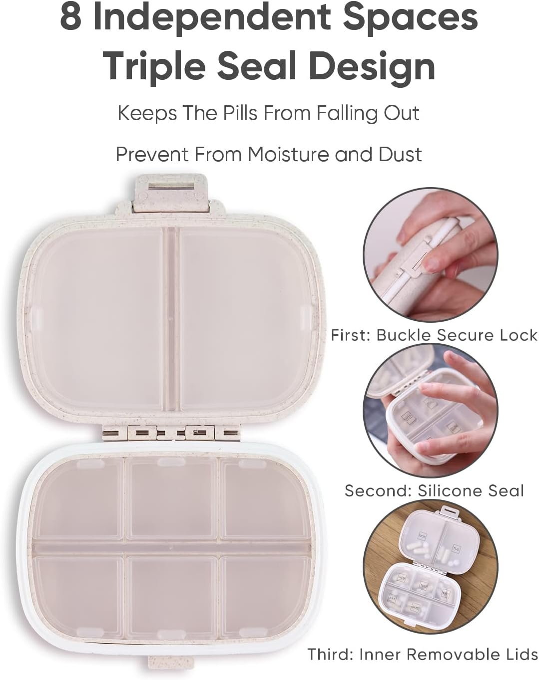 Holii Travel Pill Organizer, 8 Compartments Portable Pill Case, Daily Pill Box to Hold Vitamins, Small Pill Container for Pocket Purse Medicine Organizer(Khaki) - Image 5