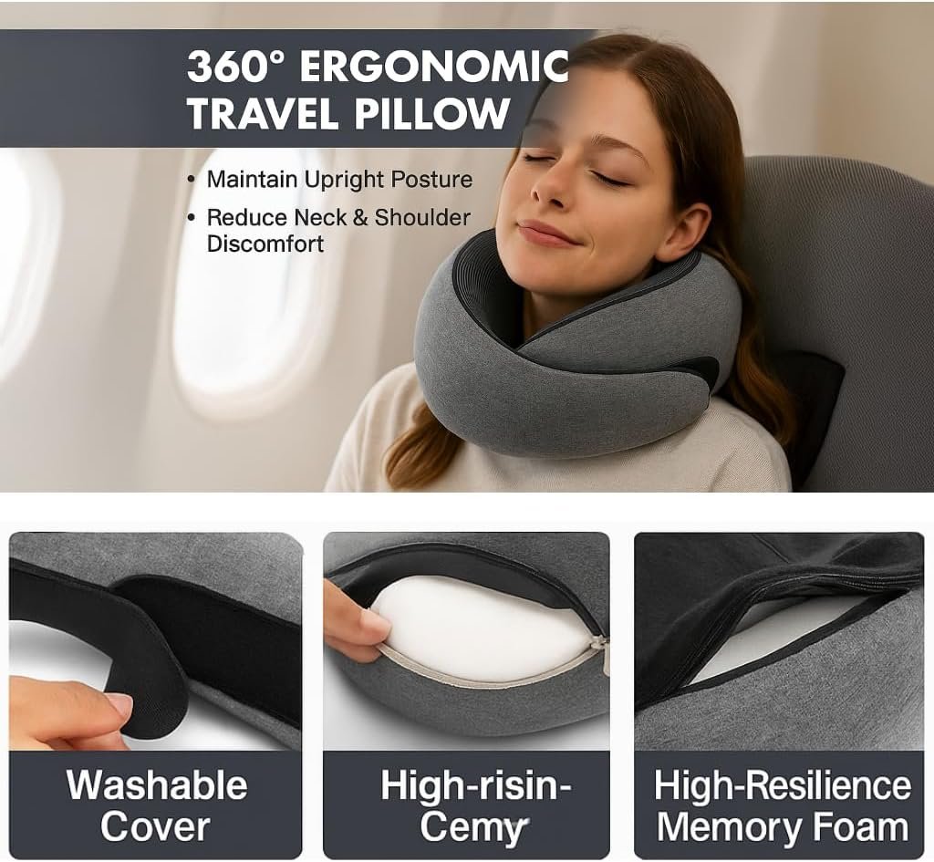 Travel Neck Pillow with Memory Foam & Chin Support – Includes Cute Macaron EVA Water-Resistant Carry Case, Eye Mask & Ear Plugs (Light Gray) - Image 6