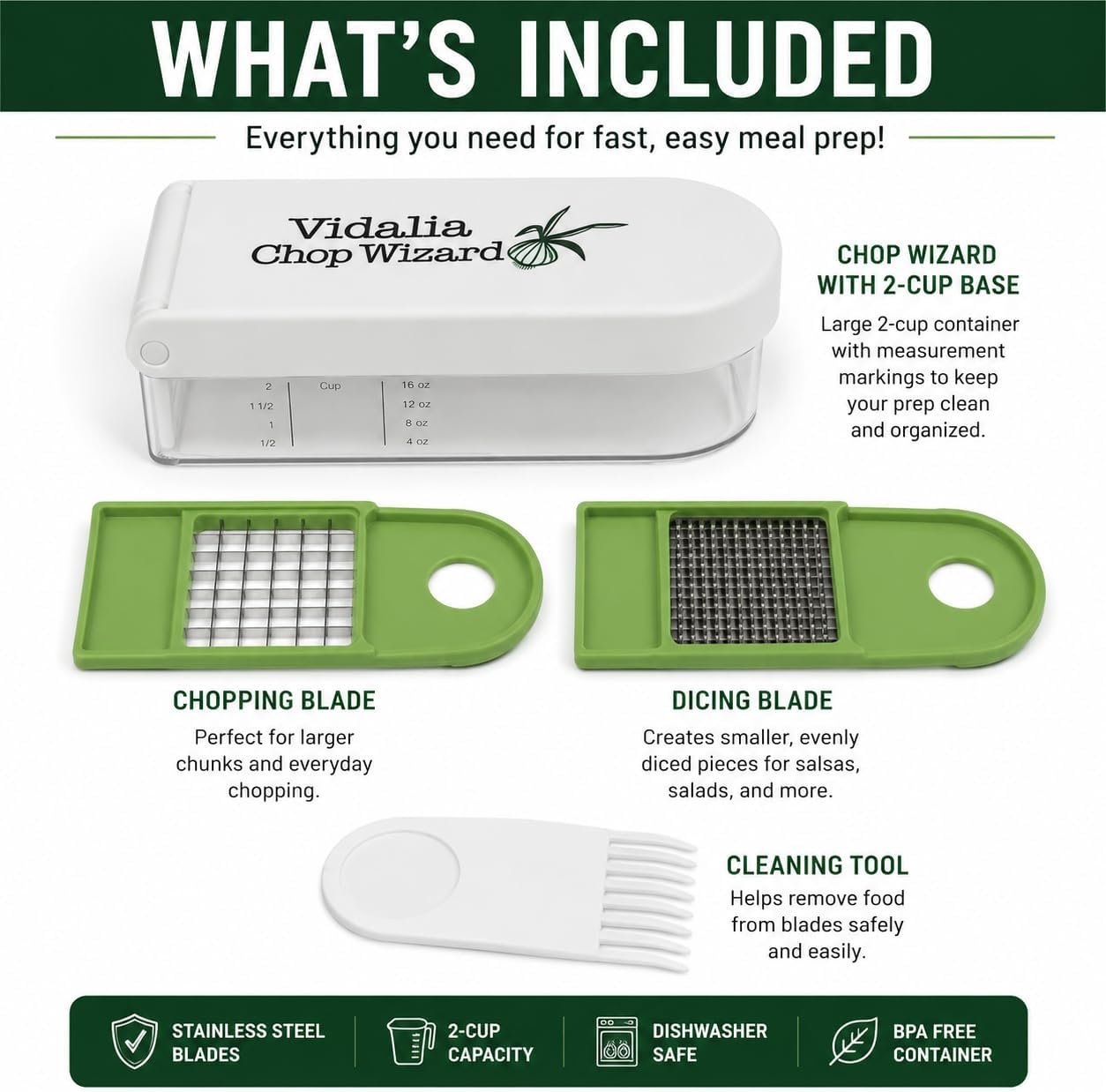 Vidalia Chop Wizard Vegetable Chopper – Original As Seen On TV Food Dicer with 2 Stainless Steel Blades, Large 2-Cup Container, Cleaning Tool, Dishwasher Safe Onion & Vegetable and Fruit Cutter - Image 3