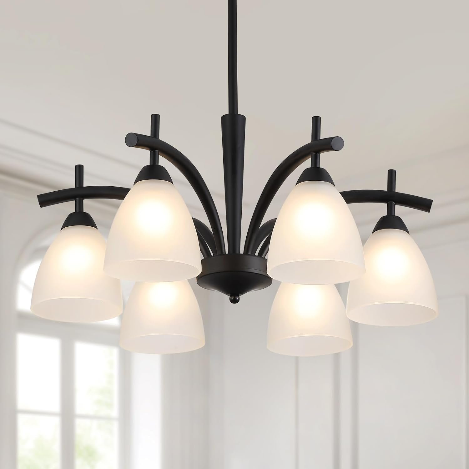 Q&S Modern Farmhouse Black Frosted Glass Chandelier Rustic Kitchen Light Fixtures 6 Lights for Dining Room Living Room Foyer Entryway Bedroom UL Listed D25.6 Inches