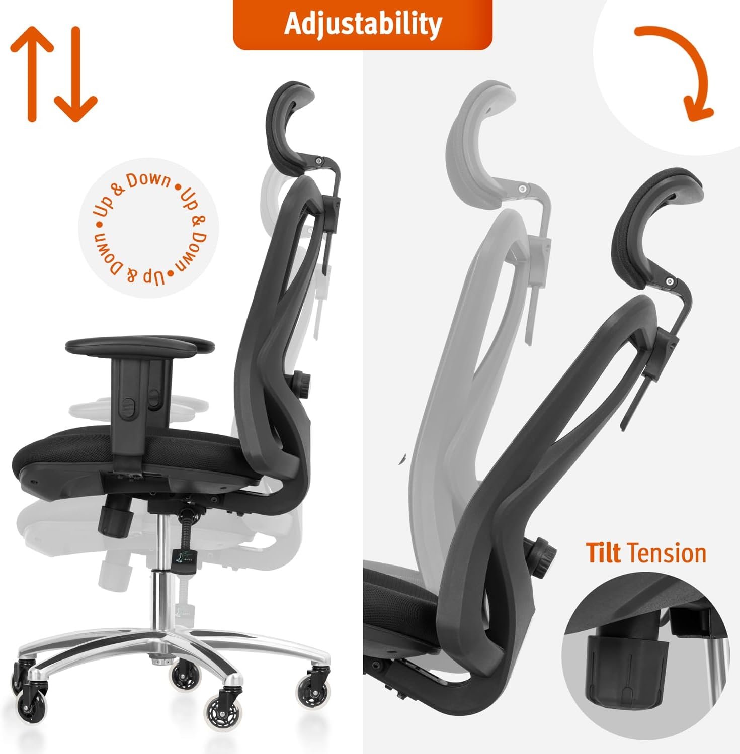 Duramont Ergonomic Office Chair | Adjustable Desk Chair with Lumbar Support and Rollerblade Wheels | High Back Chair with Breathable Mesh | Thick Seat Cushion - Image 2