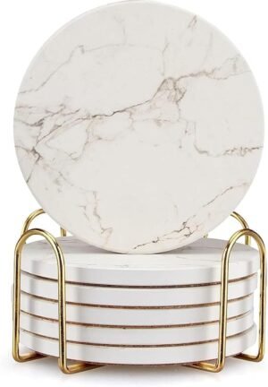 6 Pack White Marble Coaster Set wit...