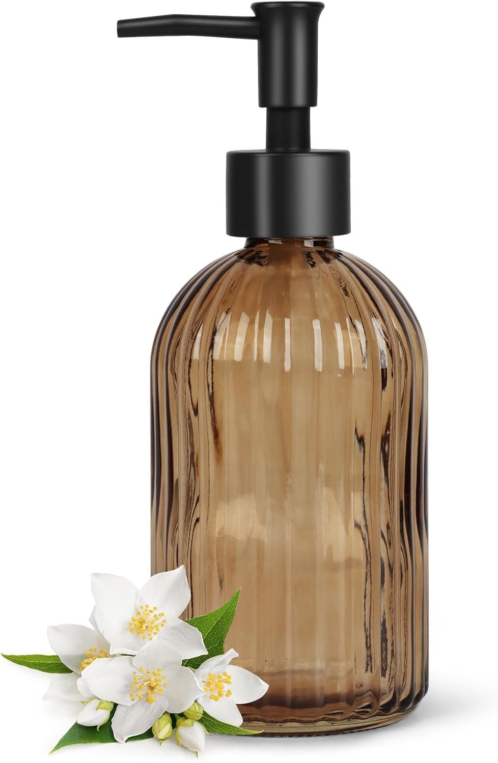 Topsky Glass Soap Dispenser with Black Plastic Pump, 400ml Liquid Hand Soap Dispenser, Rustproof Pump for Kitchen & Bathroom, Great for Lotions, Essential Oil, Liquid Soaps-Amber