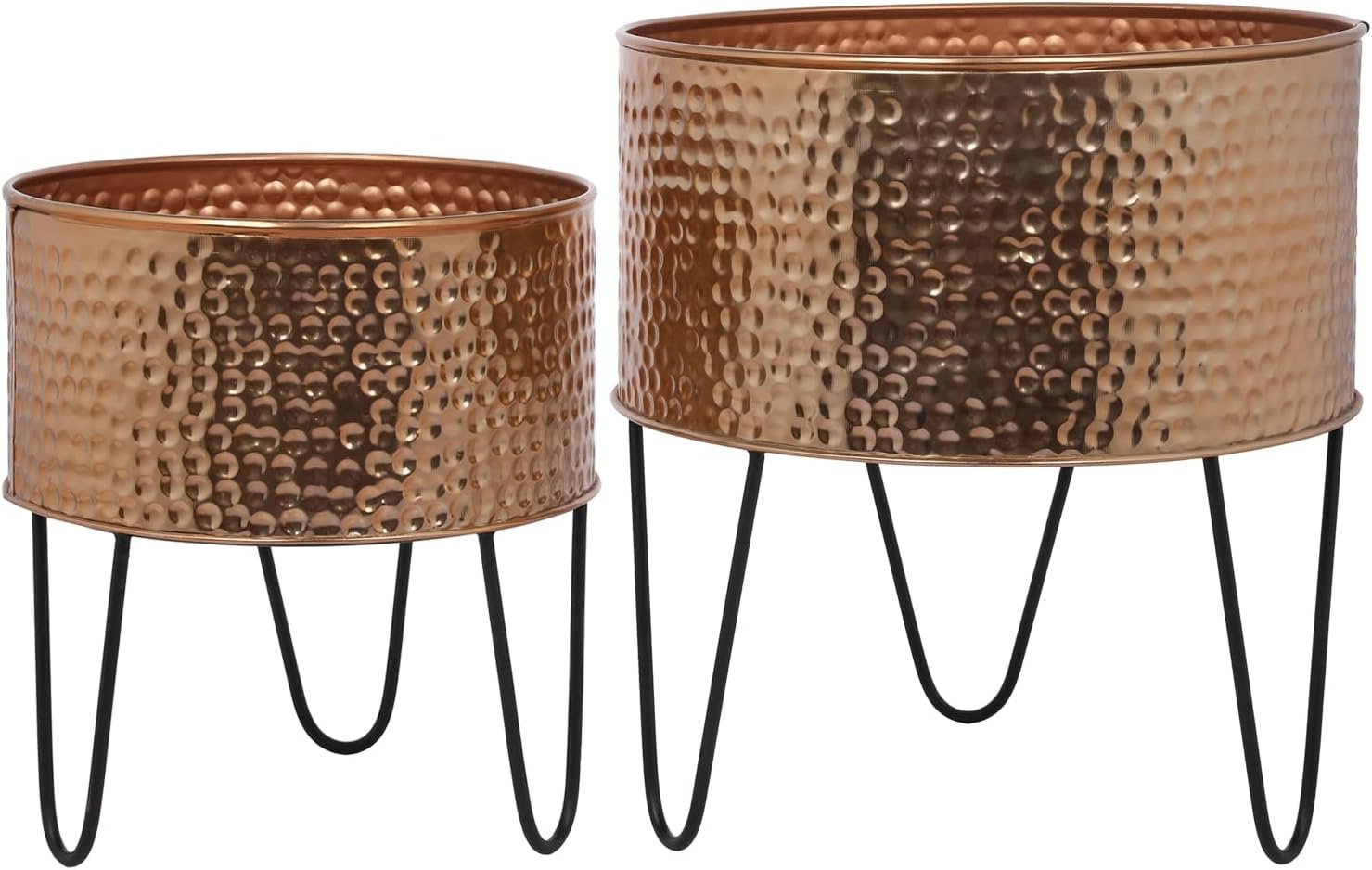 MyGift Modern Hammered Copper Tone Planter Pot, 8 and 10 Inch Metal Round Plant Container with Matte Black Wire Stand, Set of 2 - Handcrafted in India - Image 6
