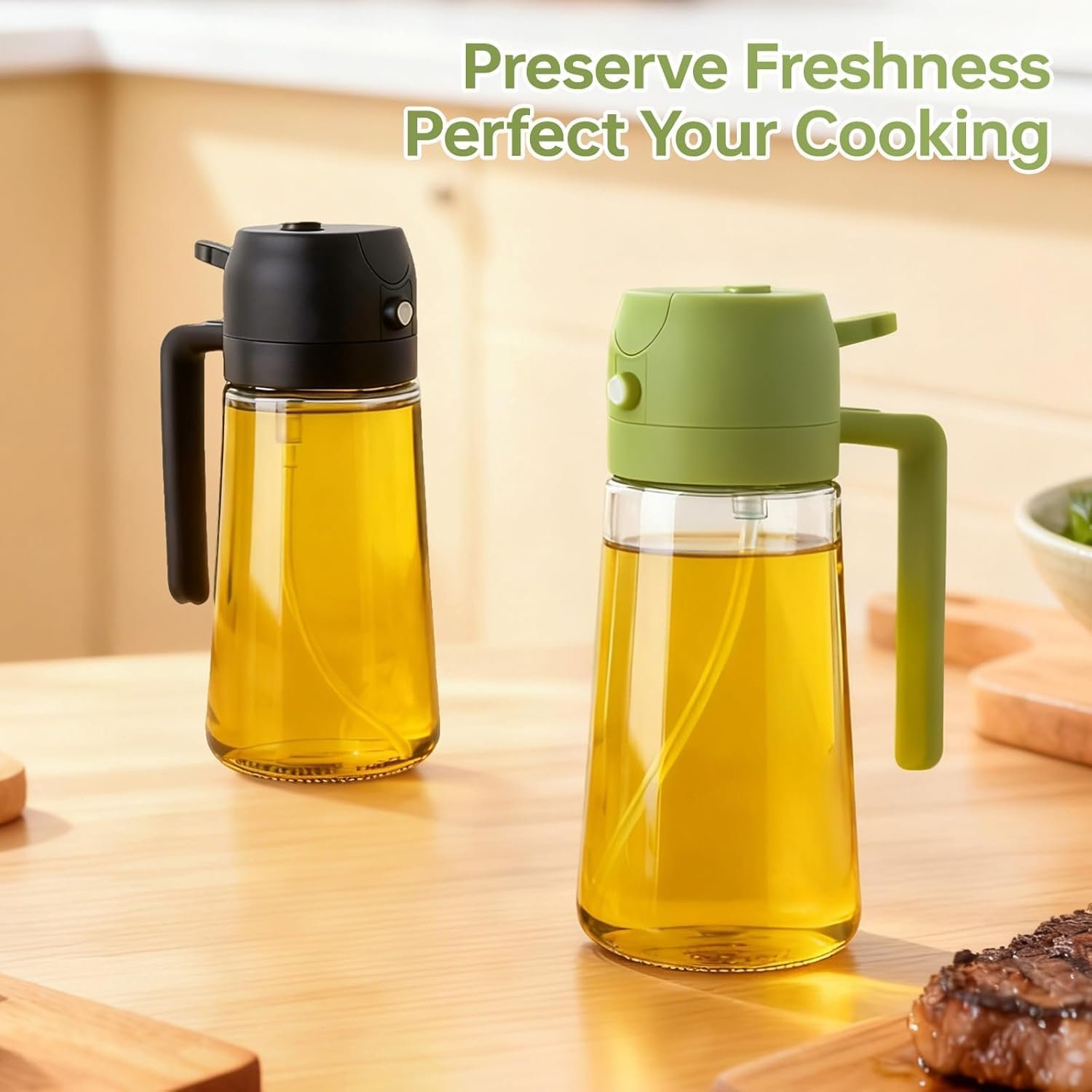 2Pack Glass Oil Sprayer for Cooking 16oz/470ml, 2 in 1 Oil Dispenser with Label Stickers & Portion Control, Kitchen Gadget for Air Fryer, Salad, BBQ, Frying(Black+Green) - Image 6