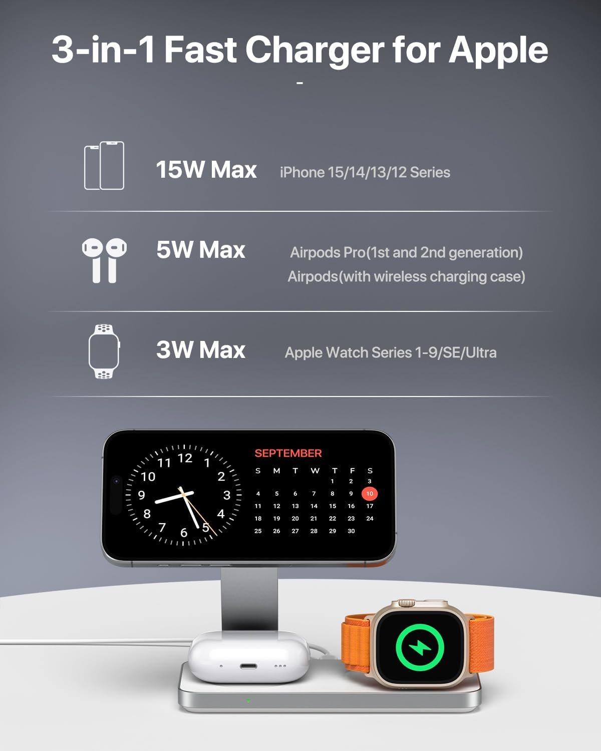 EXW Foldable 3 in 1 Wireless Charging Station for iPhone and Apple Watch,Compatible with Magsafe Charger Stand,Travel Bedside Fast Wireless Charger for iPhone 17e 17 Air 16 15 14 13 12 Series, Airpods - Image 8
