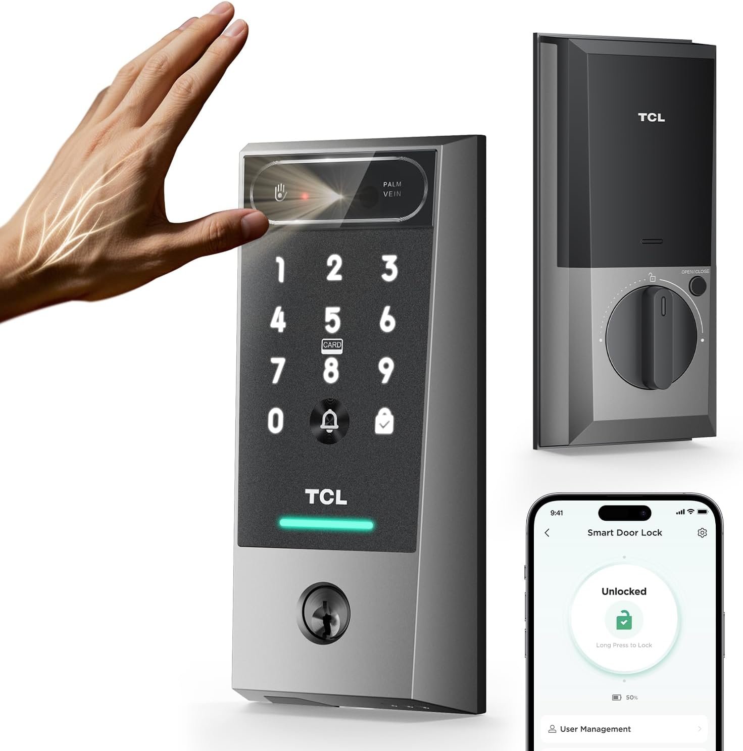 TCL D2 Pro Smart Lock, Palm Vein Recognition Keyless Entry with Built-in Doorbell, App Control, Auto Lock, Rechargeable Battery, for Home Security