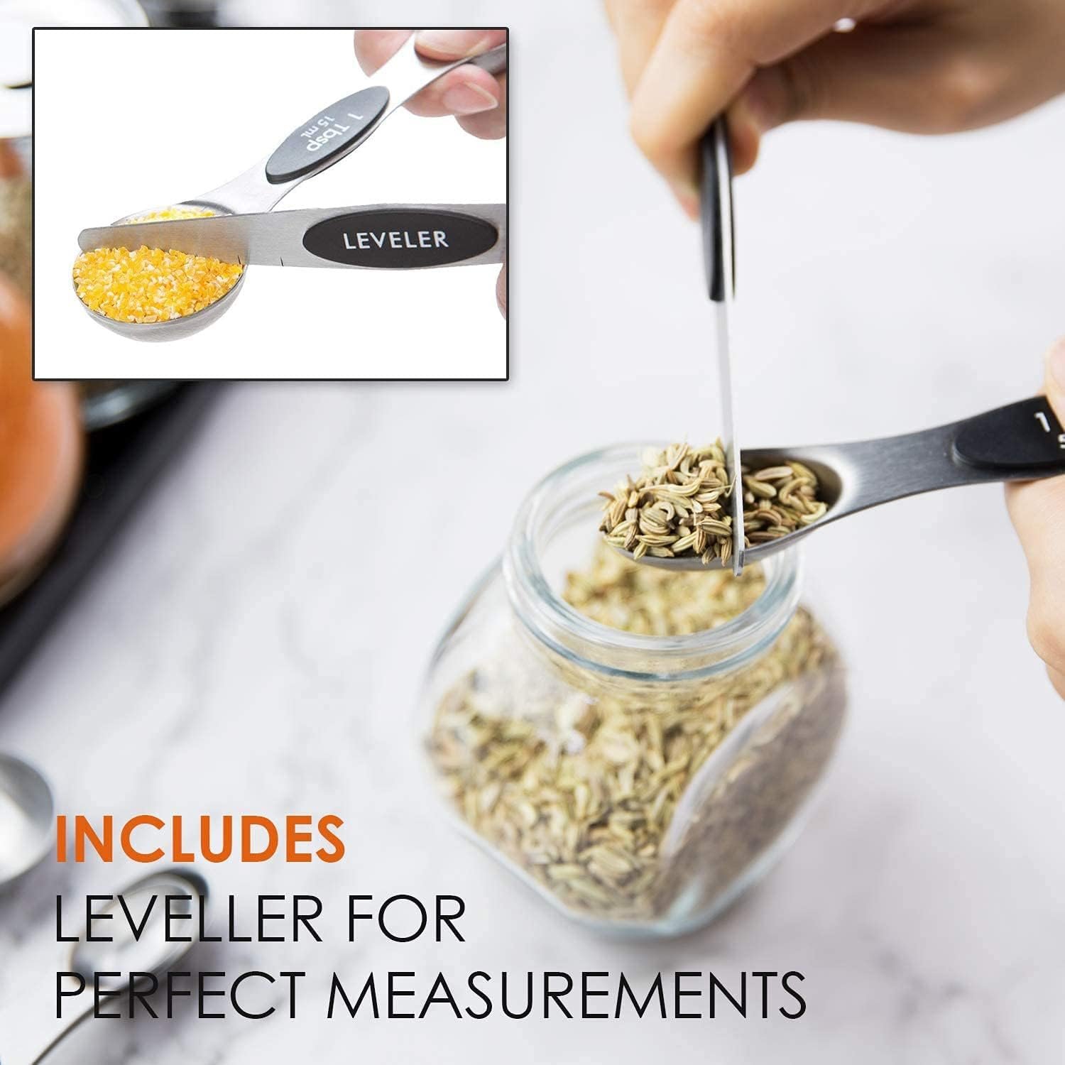 DILISS Magnetic Measuring Spoons Set, Dual Sided, Stainless Steel, Fits in Spice Jars, Set of 8 for Measuring Dry and Liquid Ingredients (Black) - Image 7
