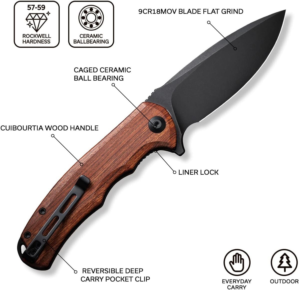 CIVIVI Folding Pocket Knife- Praxis Flipper Liner Lock Knife, 3.75" Black Stonewashed Blade with Cuibourtia Wood Handles, Reversible Clip for Everyday Carry Outdoor Use C803H - Image 2