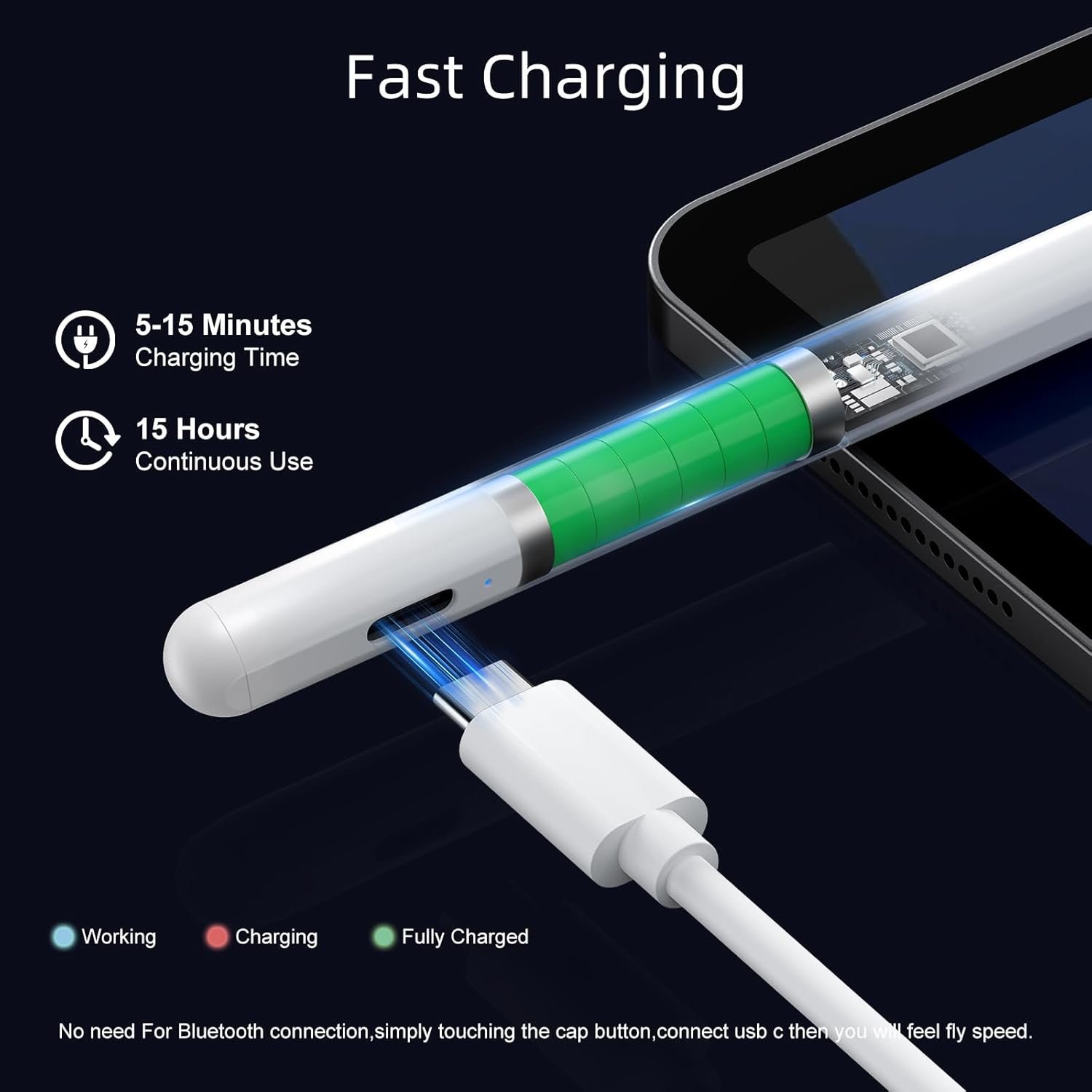 JAMJAKE Stylus Pen for iPad 6th-11th Generation-2X Fast Charge Active Pencil Compatible with 2018-2026 Apple iPad Pro 11"/12.9"/M4, iPad Air 3/4/5/M2/M3/M4,iPad mini 5/6/7 Gen-White - Image 3