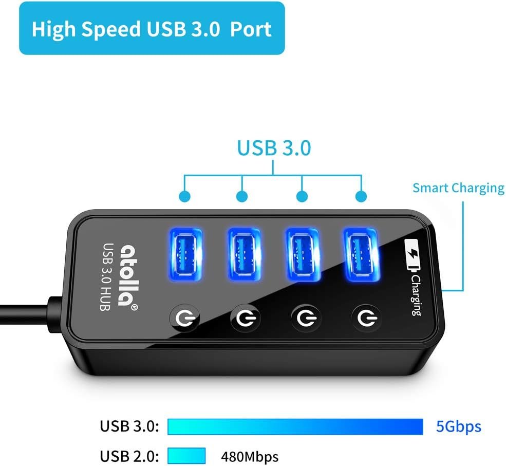 atolla USB hub 3.0 Powered, USB Splitter 4 Port Super Speed USB 3.0 Extension + 1 Charging Port, with Independent on-Off Switch and 5V / 3A AC Adapter - Image 2