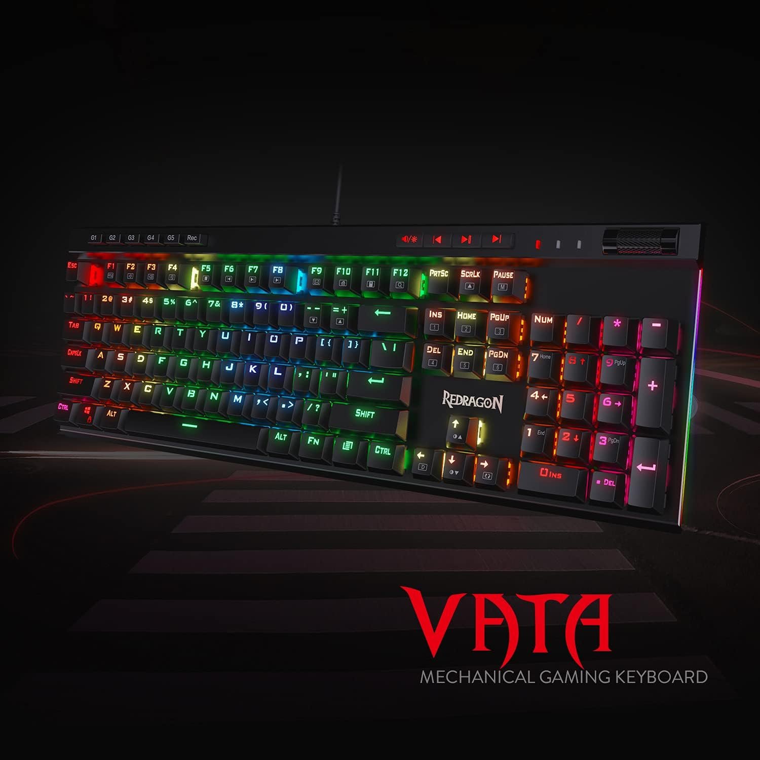 Redragon K580 VATA RGB LED Backlit Mechanical Gaming Keyboard with Macro Keys & Dedicated Media Controls, Hot-Swappable Socket, Onboard Macro Recording (Blue Switches) - Image 2