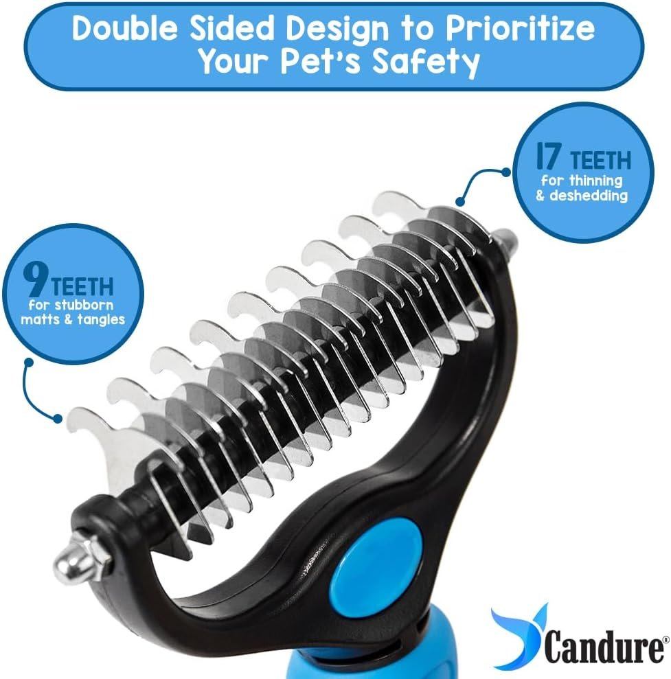 Candure Dematting Comb for Dog and Cat, Pet Grooming Rake and Brushes for Small, Medium Large Dogs Double Sided Deshedding Tool Removes Knots & Tangled Hair (Blue, Large to Medium) - Image 2