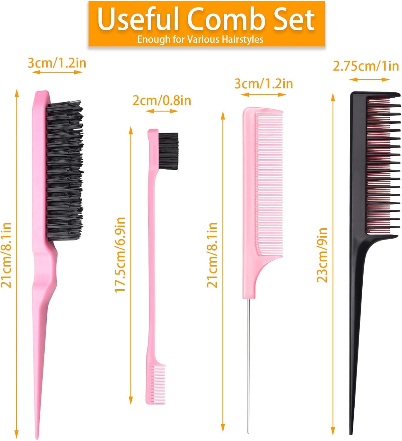 6 Pcs Hair Styling Comb Kit, Teasing Comb Brush Set Includes Fluffy Hair Brush, Double Sided Edge Control Brush, Triple Teasing Comb, Fine Metal Rat Tail Comb for Women Professional Barber (Pink) - Image 2