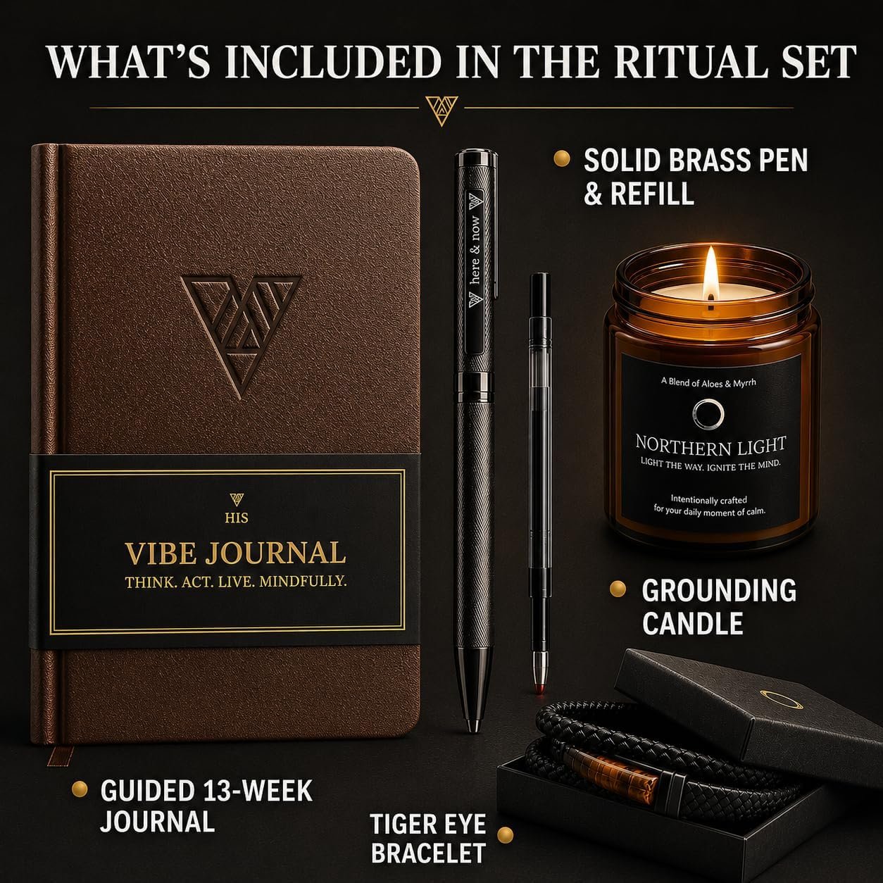 Gift Set for Men | Mindfulness & Self Care Set with Guided Journal, Brass Pen, Scented Candle & Tiger Eye Bracelet | 13-Week Self Mastery Journal with Short Readings, Daily Prompts & Exercises | Gift Box - Image 2