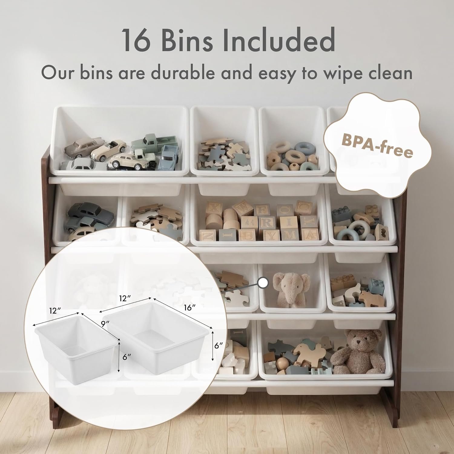 Humble Crew Supersized Toy Storage Organizer with 16 Removable Bins, Espresso/White – Large Toy Storage for Toddlers Ideal for Kids' Rooms, Playrooms, and Nurseries - Modern Toy Bins for Kids - Image 3