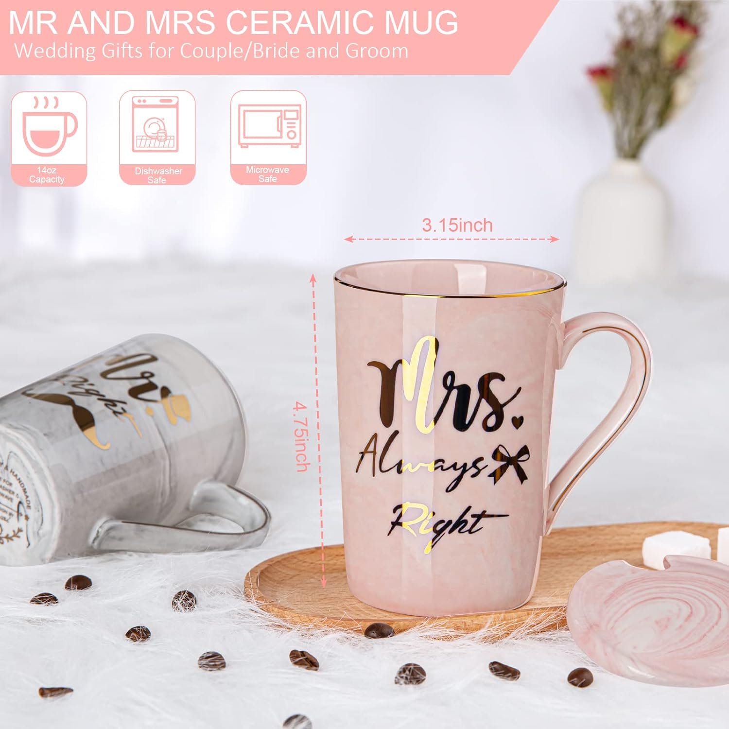 Mr Right and Mrs Always Right Couples Mugs Gifts Set for Wedding, Engagement, Newlyweds Anniversary, Bridal Shower, 14oz Ceramic Marble Mugs with Golden Pattern, Microwave, Dishwasher Safe - Image 2