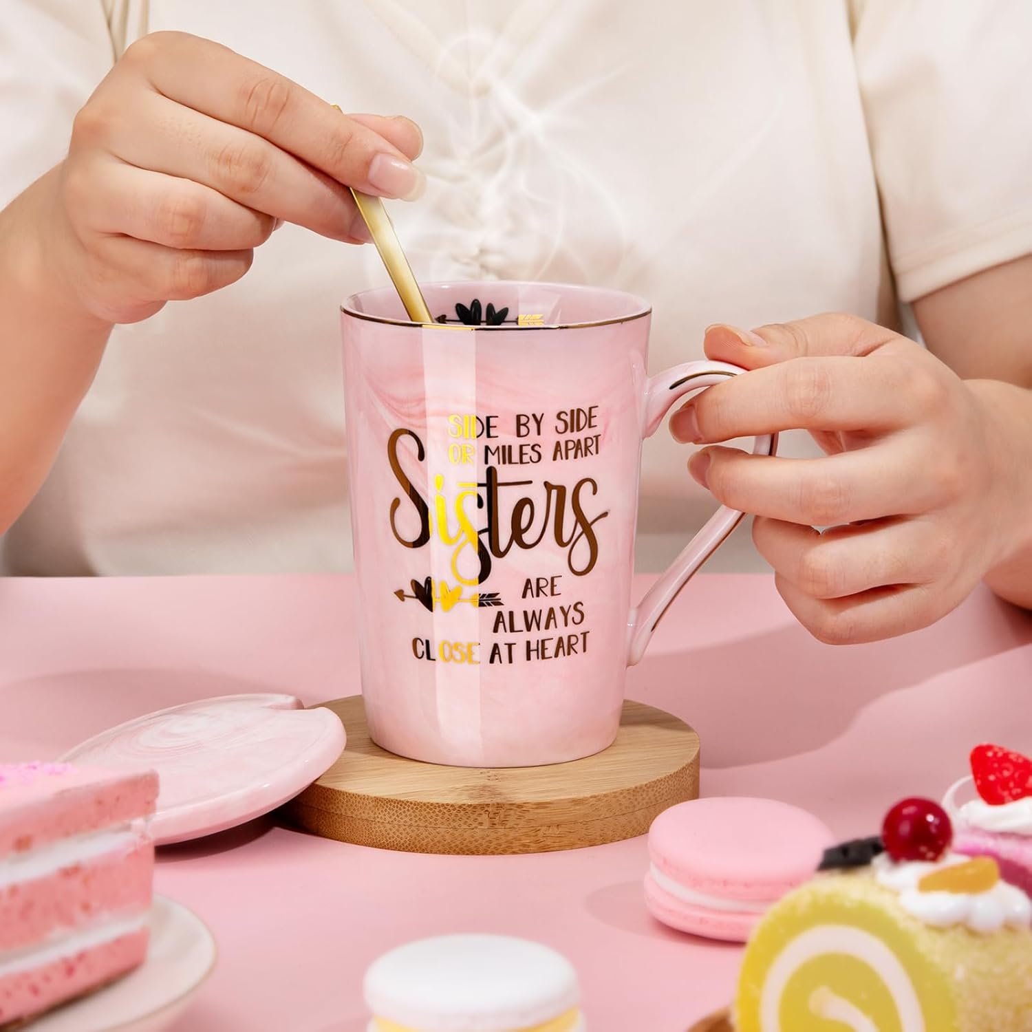Sister Birthday Gifts - Sister Gifts for Sisters from Brother Sisters, 14Oz Pink Marble Ceramic Coffee Cup with Gold Print Coffee Mug with Spoon Lid Card Nice Box - Image 5