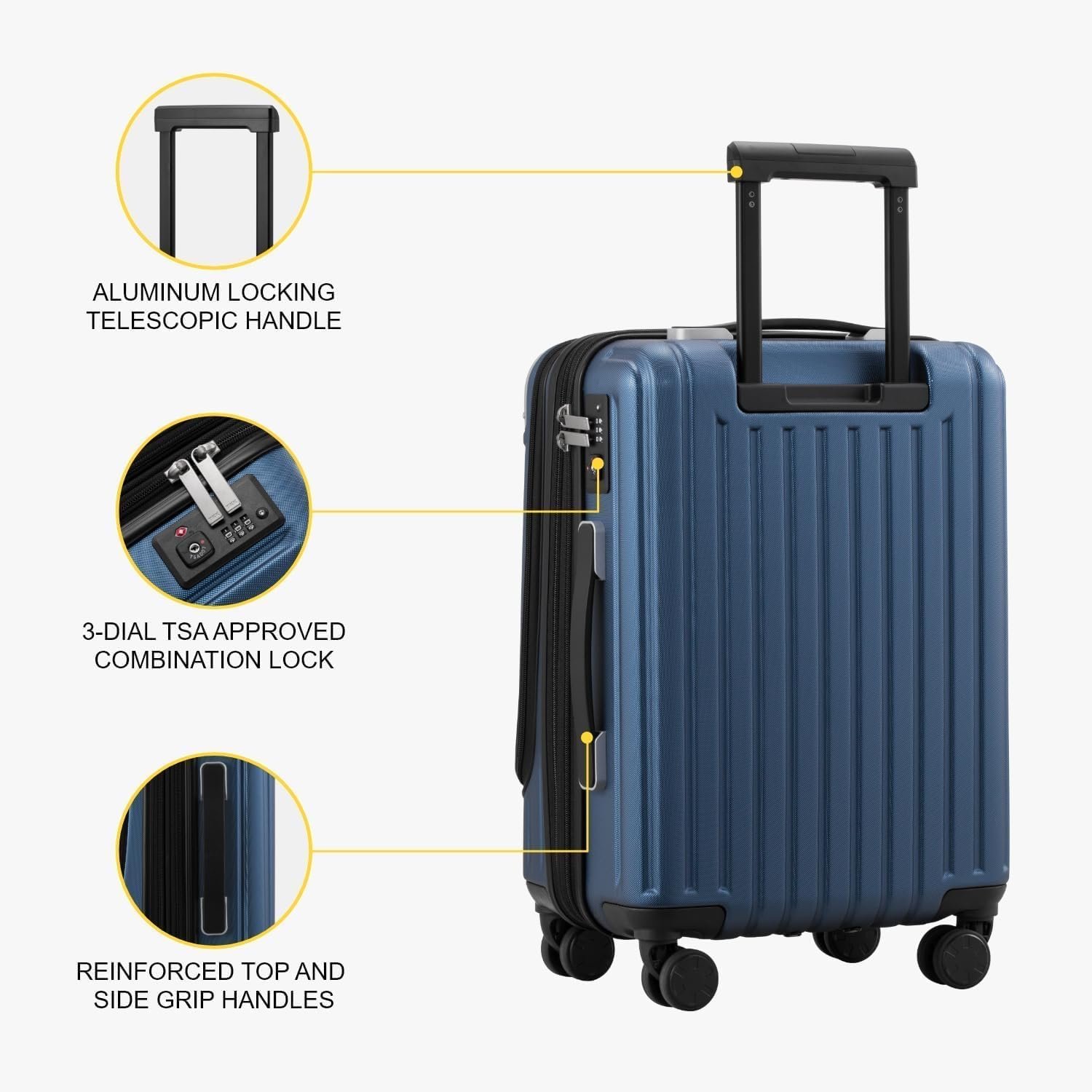 LEVEL8 Grace Carry on Luggage 22x14x9 Airline Approved, 20 Inch Hard Shell Suitcases with Spinner Wheels, Abs+Pc Hard Case Luggages with Tsa Lock for Airplane, Blue - Image 6