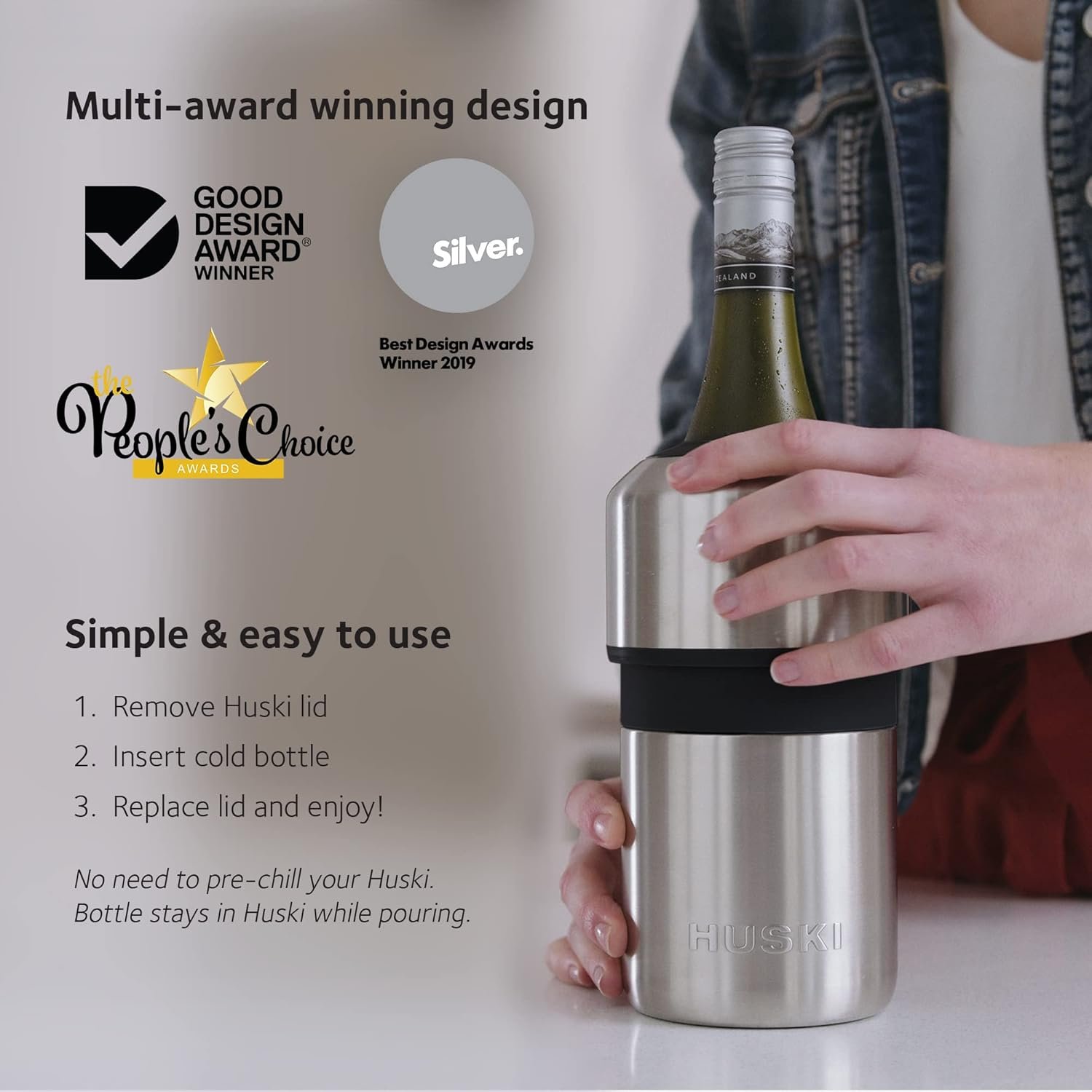 Huski Wine Chiller | Award Winning Iceless Design | Keeps Wine Cold up to 6 Hours | Wine Accessory | Next Generation Ice Bucket | Fits Some Champagne Bottles | Perfect Gift for Wine Lovers (Stainless) - Image 3