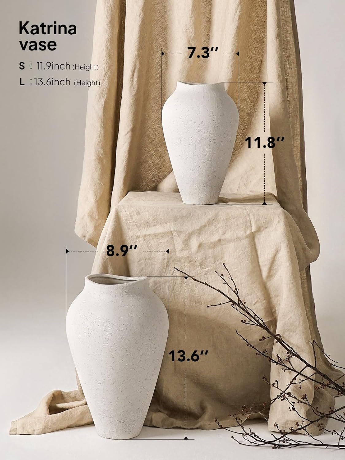 White Ceramic Vase - Large 11.8 Inch Tall Floor Vase for Centerpieces, Farmhouse Rustic Minimalist Home Decor for Living Room, Enterway, Wedding (Sandstone White) - Image 3