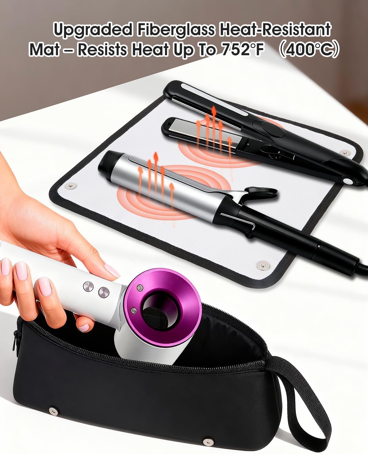 Hair Tools Travel Bag with Heat-Resistant Mat, Large Capacity Organizer for Curling Iron, Flat Iron, Blow Dryer & Hair Accessories, Portable Travel Case for Styling Tools (Black) - Image 3
