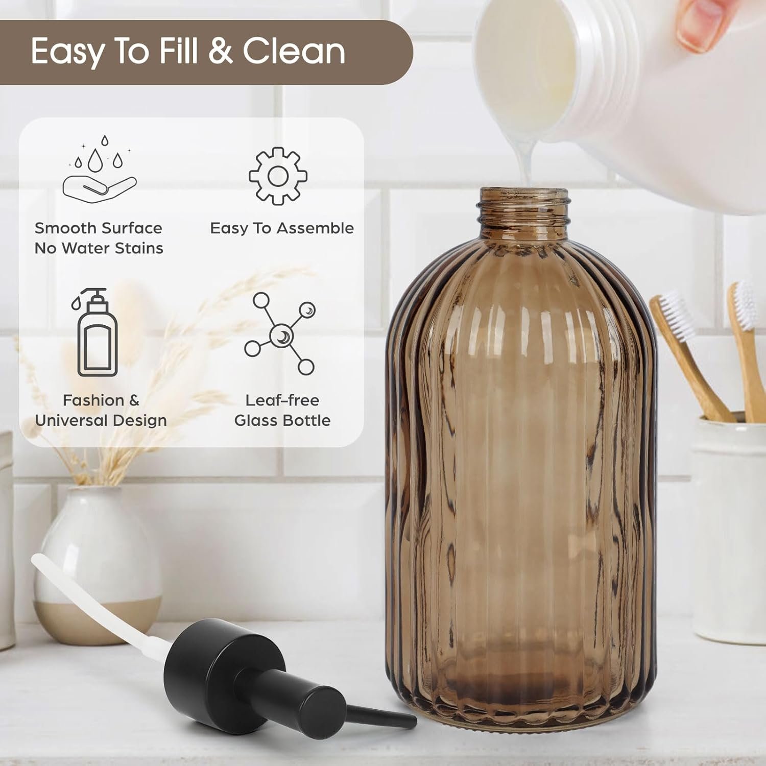 Topsky Glass Soap Dispenser with Black Plastic Pump, 400ml Liquid Hand Soap Dispenser, Rustproof Pump for Kitchen & Bathroom, Great for Lotions, Essential Oil, Liquid Soaps-Amber - Image 2