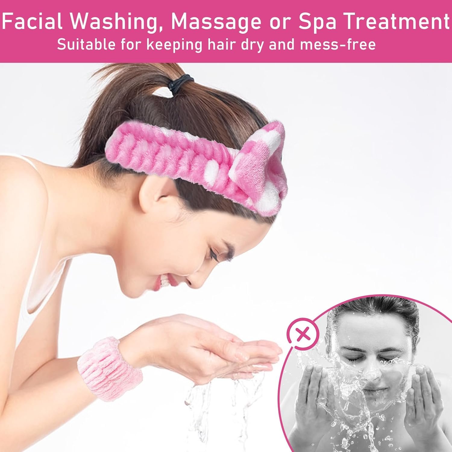 Facial Cleansing Brush 2 in 1, Silicone Face Scrubber Dual Face Brush for Deep Pore Cleansing and Exfoliating, Skincare Headband and Wristbands Set for Washing Face, Massaging Spa Makeup, Pink - Image 5