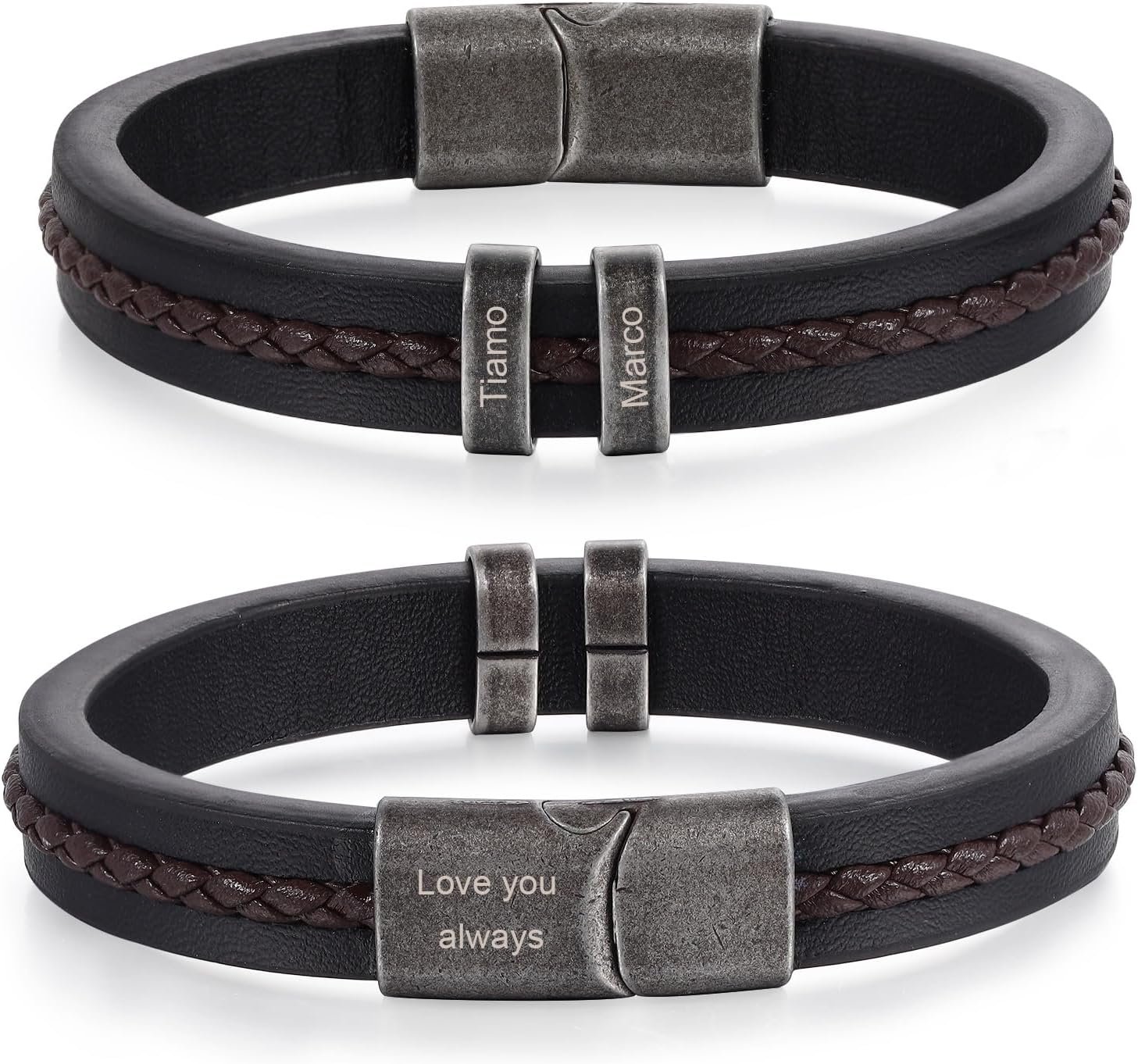 Personalized Custom Name Bracelets for Men - Mens Leather Bracelet with 2-5 Kids Names Customized Gifts for Dad Husband Boyfriend Son