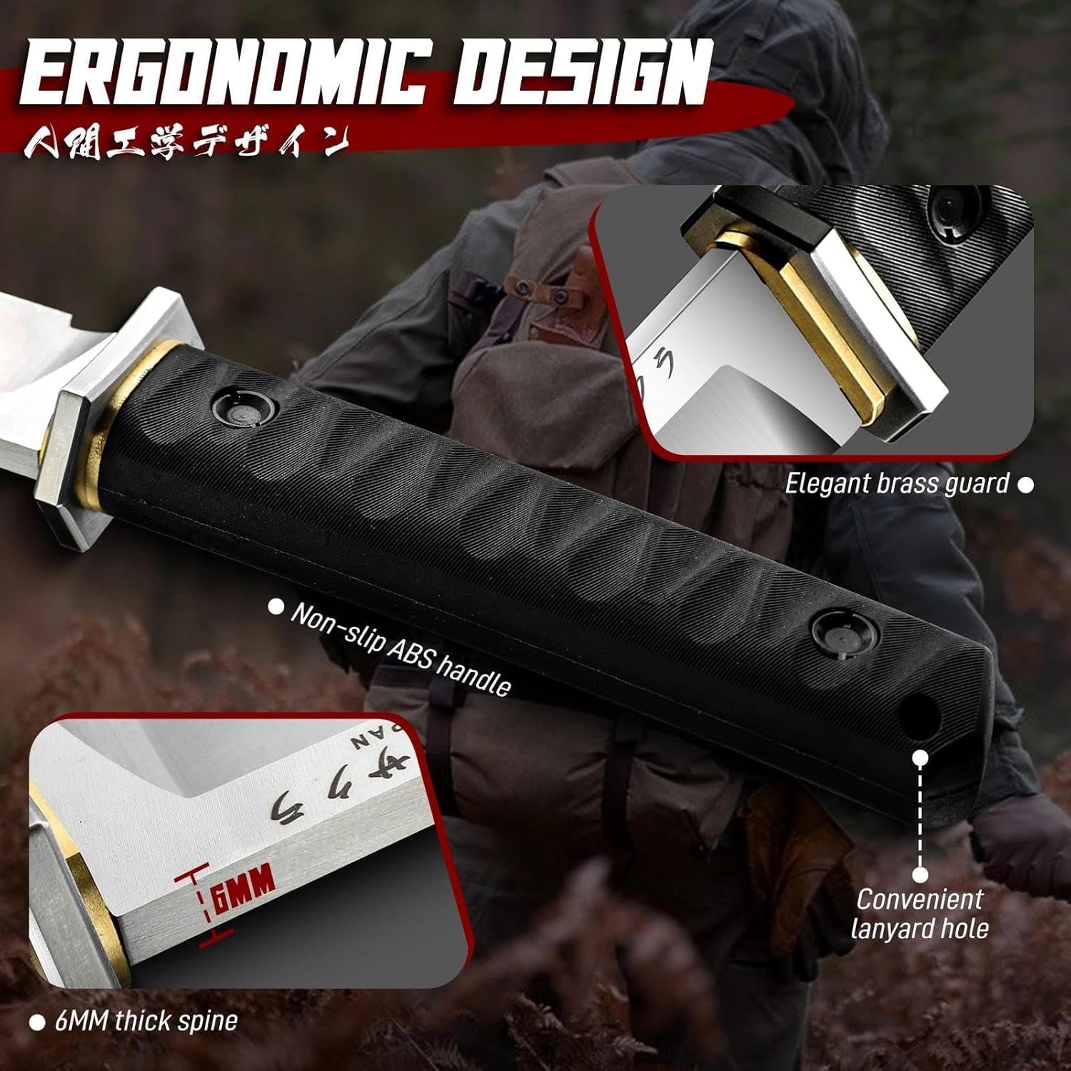 Freelander Japanese Fixed Blade Knife with Sheath, D2 Steel Survival Knife with 6mm Thick Spine for Outdoor Camping, Knives for Men - Image 5