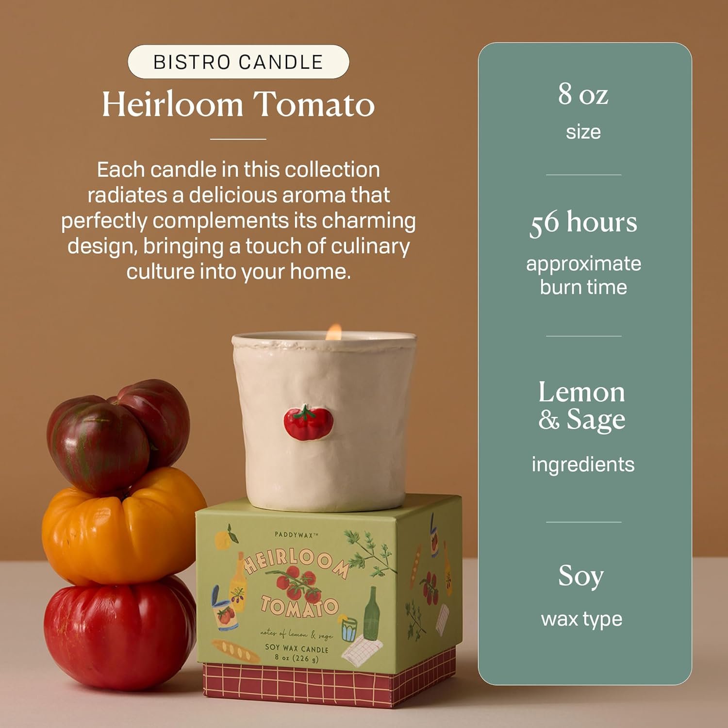 Paddywax Bistro Hand Painted Scented Candle in Ceramic Reusable Food-Safe Jar with Gift Box, Soy Candle with Approx. 56 Hour Burn Time, Heirloom Tomato, 8 oz - Image 3