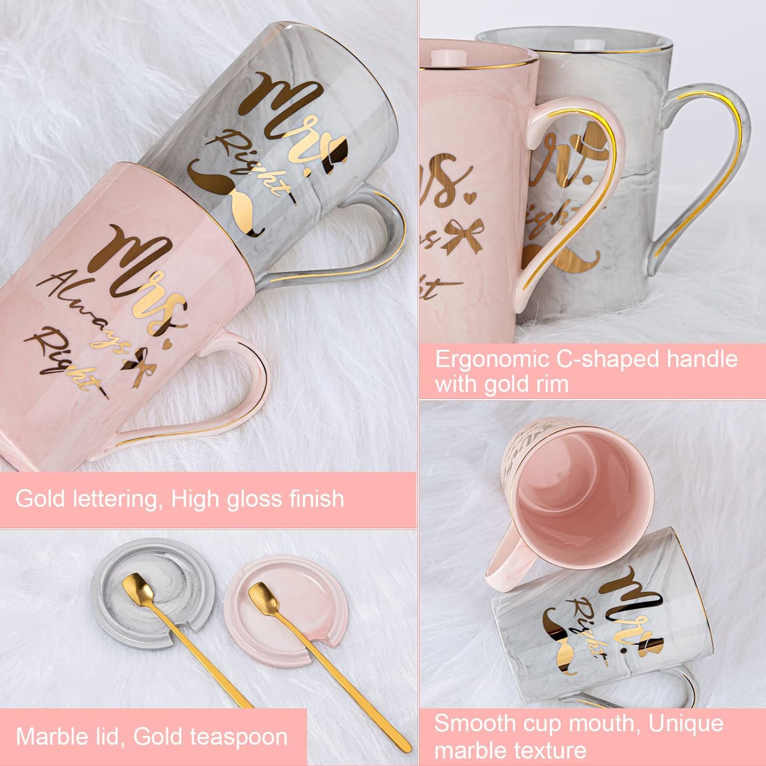 Mr Right and Mrs Always Right Couples Mugs Gifts Set for Wedding, Engagement, Newlyweds Anniversary, Bridal Shower, 14oz Ceramic Marble Mugs with Golden Pattern, Microwave, Dishwasher Safe - Image 3