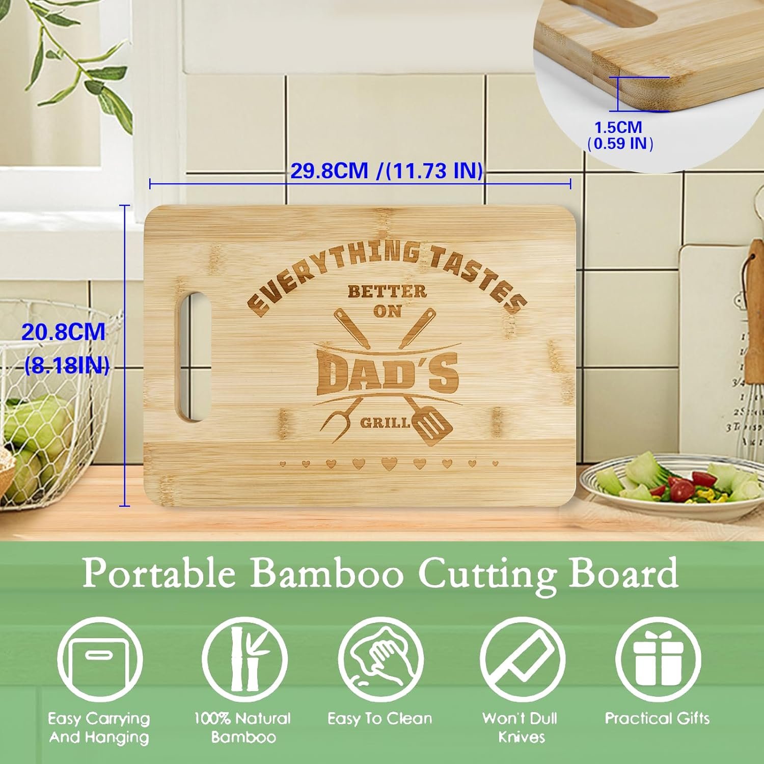 Fathers Day Gift Ideas from Daughter Son BBQ Cutting Board 11.7 * 8.2IN Personalized Engraved Bamboo Gifts for Dad Papa Grandpa Cool Birthday Dad Gifts for Men - Image 3