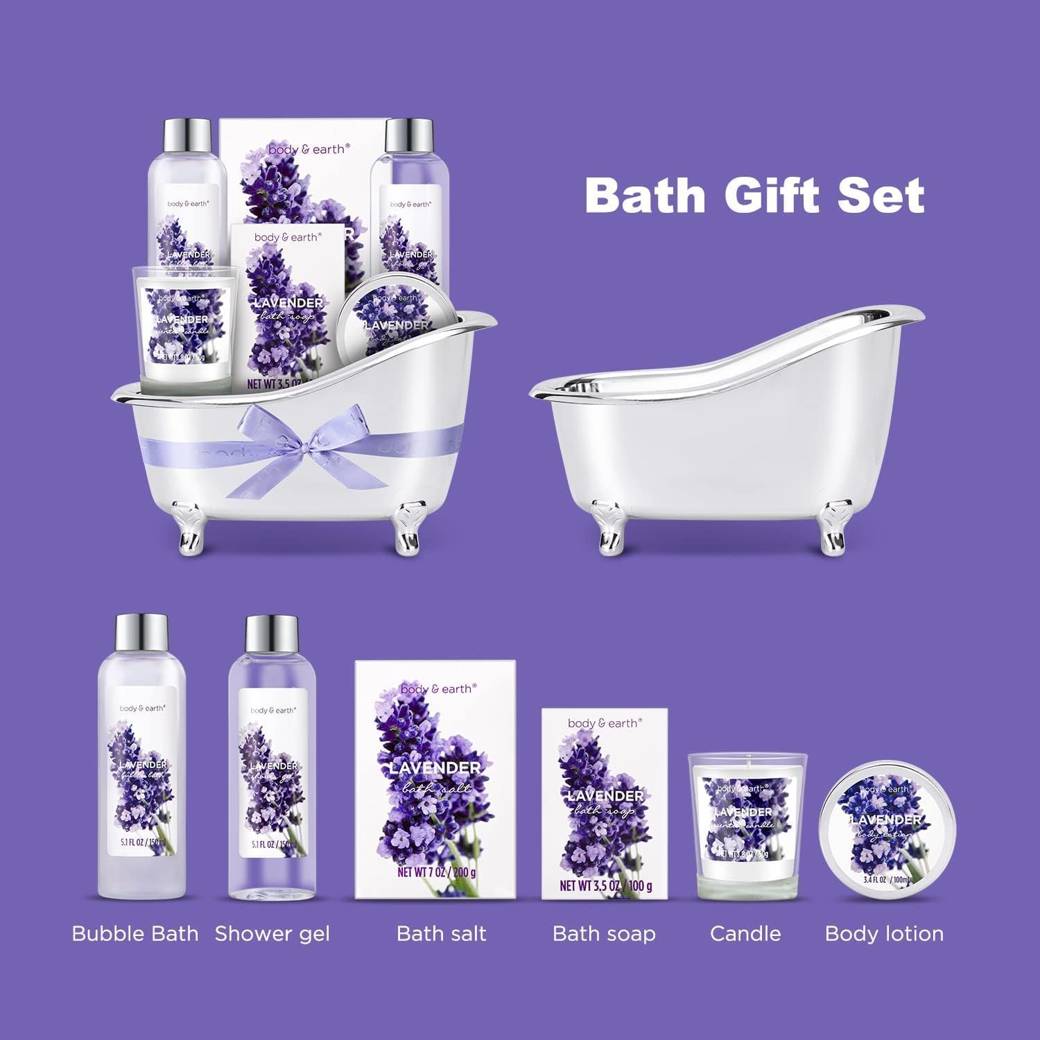 Gift Baskets for Women Body & Earth Gifts for Women, Skin Care Gifts Set 7Pcs Lavender Bath Kit, Spa Set with Shower Gel, Bubble Bath, Scented Candle, Birthday Gifts & Mothers Day Gifts for Her, Womens Home Gifts Idea, Mother's Day Gift, Gifts for Mom - Image 2