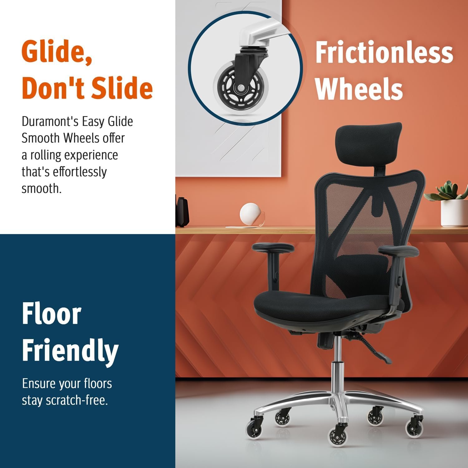 Duramont Ergonomic Office Chair | Adjustable Desk Chair with Lumbar Support and Rollerblade Wheels | High Back Chair with Breathable Mesh | Thick Seat Cushion - Image 8