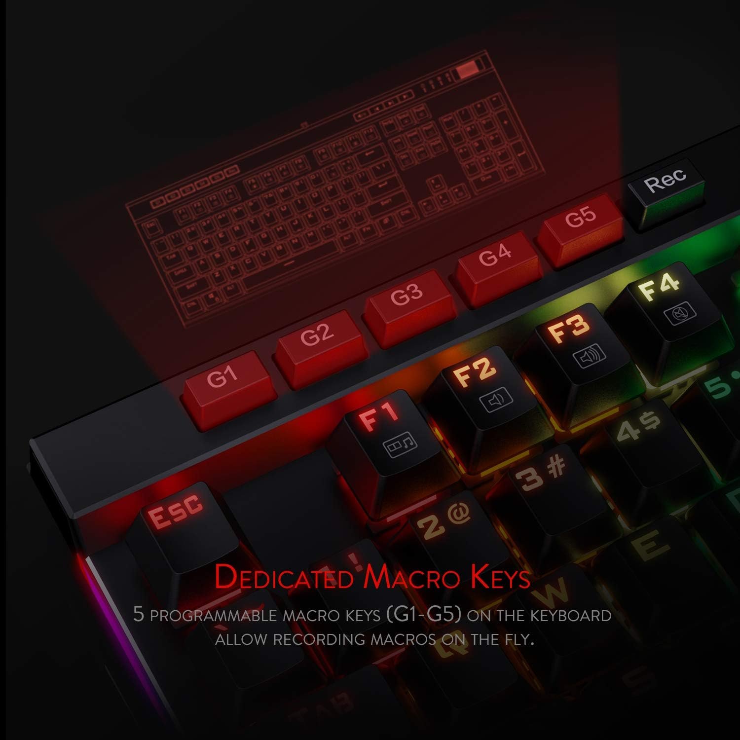 Redragon K580 VATA RGB LED Backlit Mechanical Gaming Keyboard with Macro Keys & Dedicated Media Controls, Hot-Swappable Socket, Onboard Macro Recording (Blue Switches) - Image 3