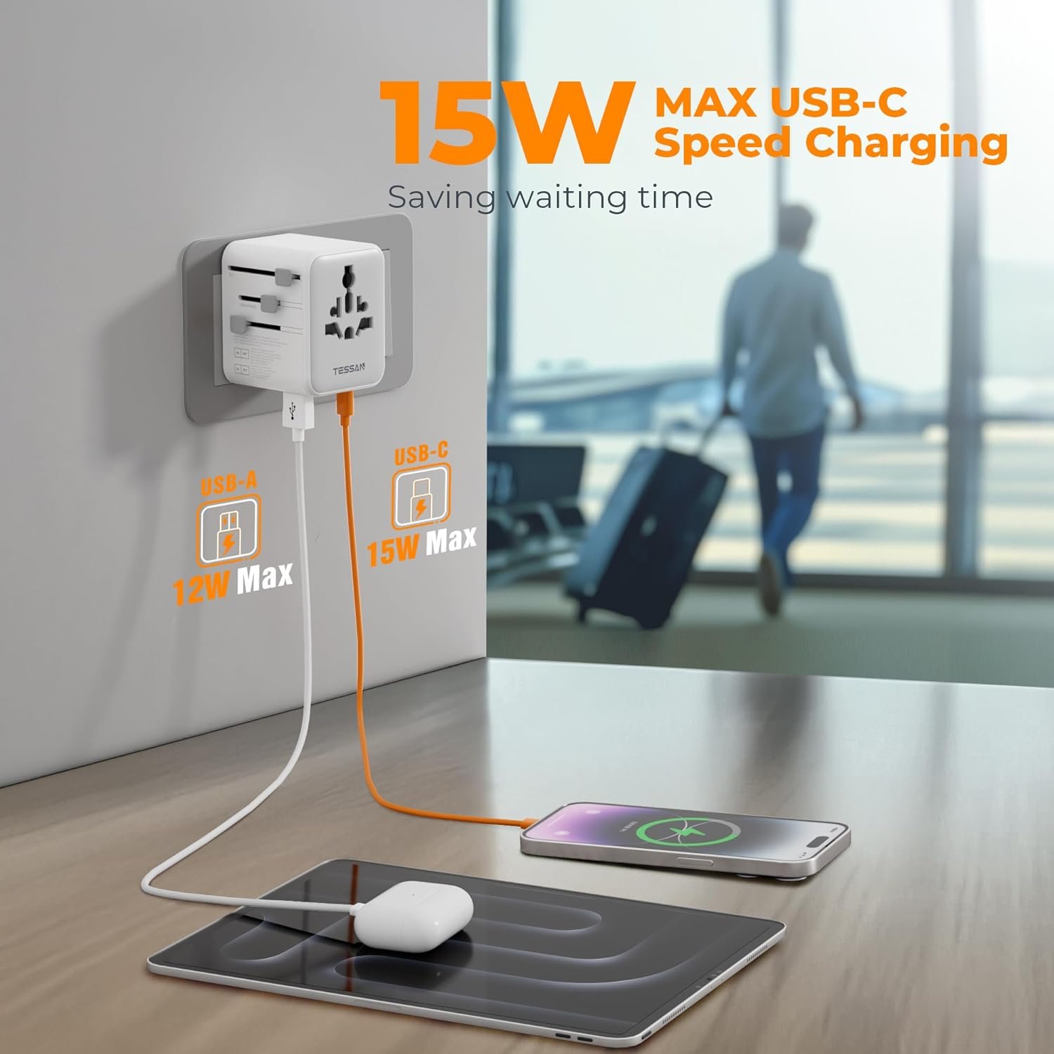 TESSAN Universal Travel Adapter 28W, International Power Adapter with 3 USB C 2 USB A Charging Ports, Worldwide Plug Adaptor for US to European UK Italy Ireland New Zealand (Type C G A I) - Image 3